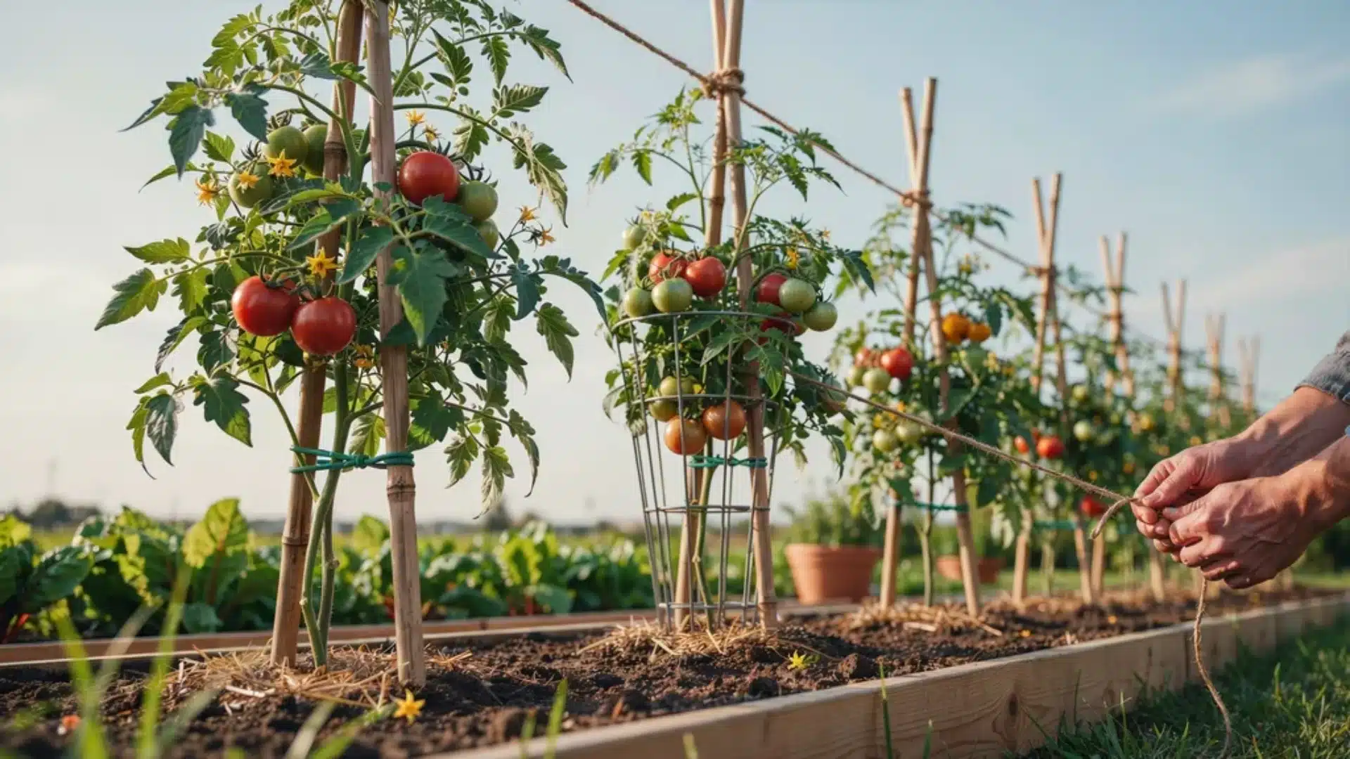 Tomato plants supported with stakes and twine in a raised garden bed, showing structured training for upright growth.