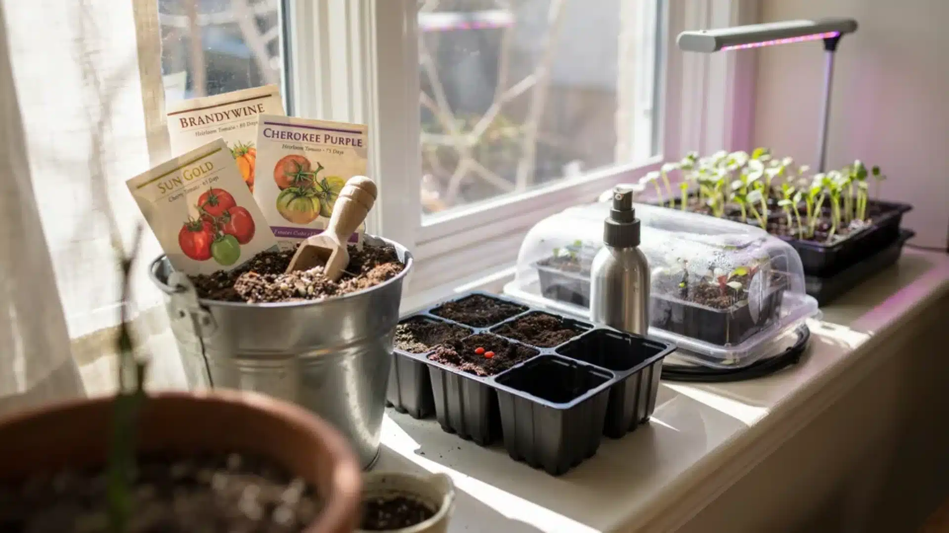 Close-up of freshly planted seeds in small pots and trays near a window, with gardening tools and seed packets suggesting an early-stage indoor propagation setup.