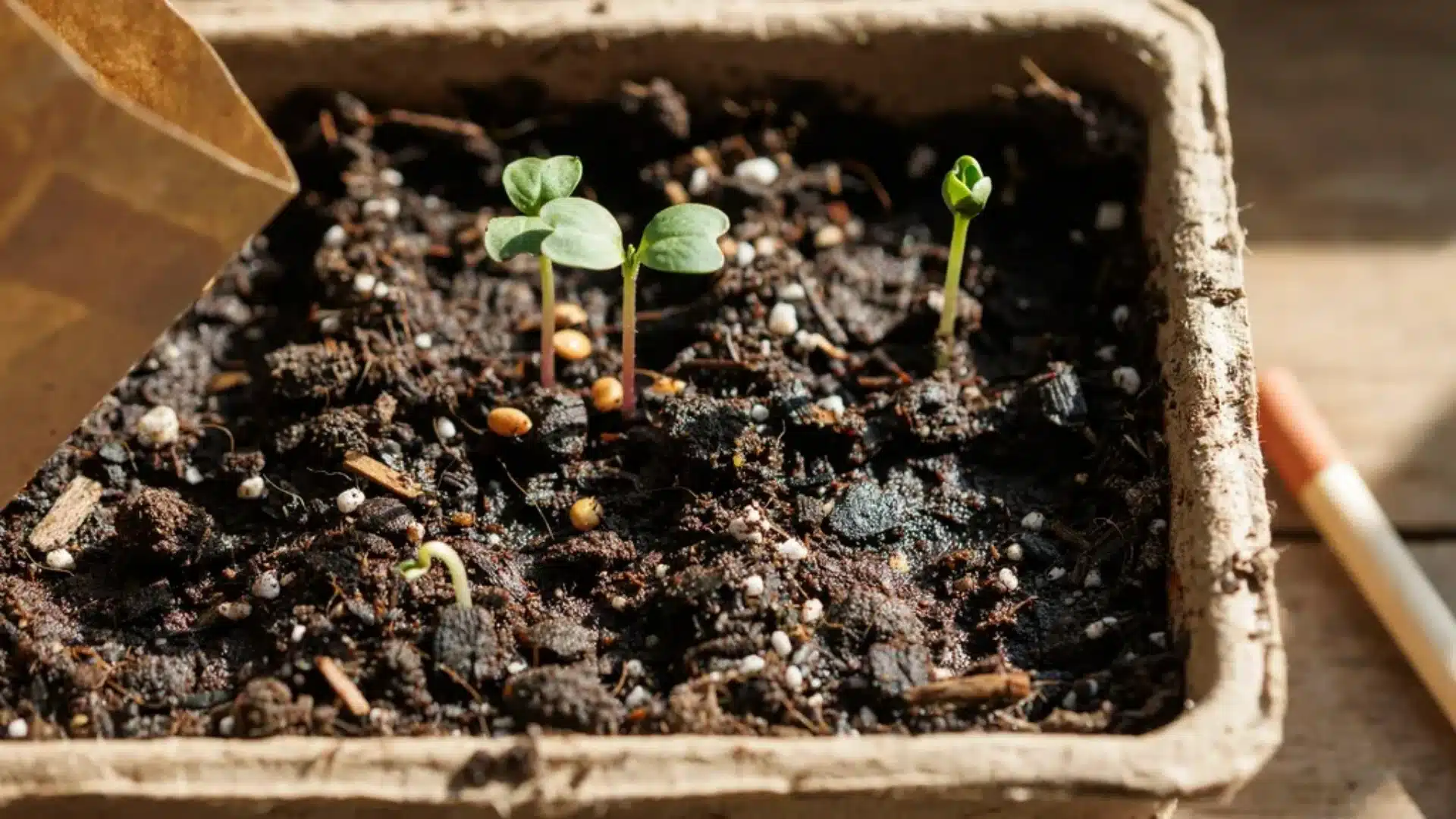 Small seedlings sprouting in a shallow compost-filled tray with visible perlite and soil particles, showing early germination of young plants.
