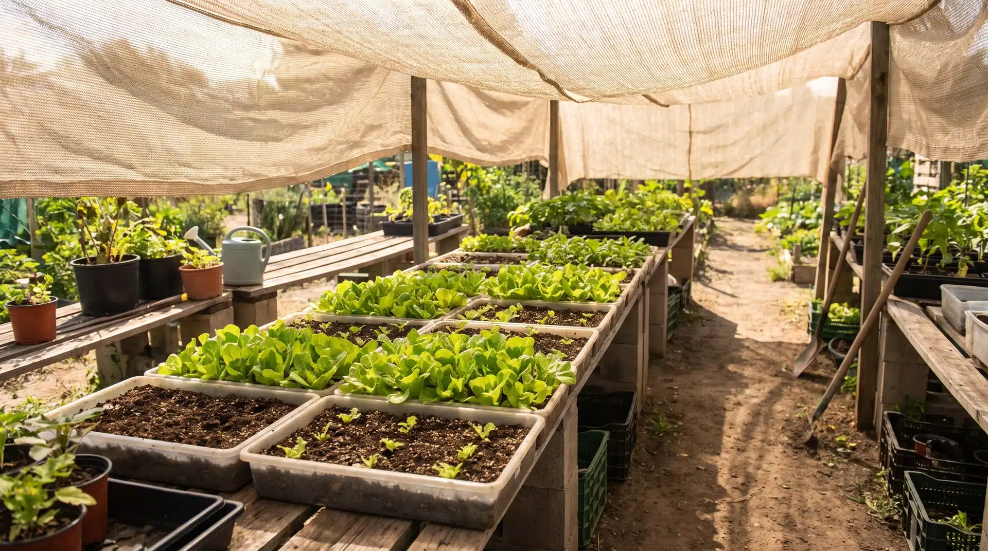 Lettuce plants covered with shade cloth in summer heat, showing how to protect growing lettuce in containers from bolting.