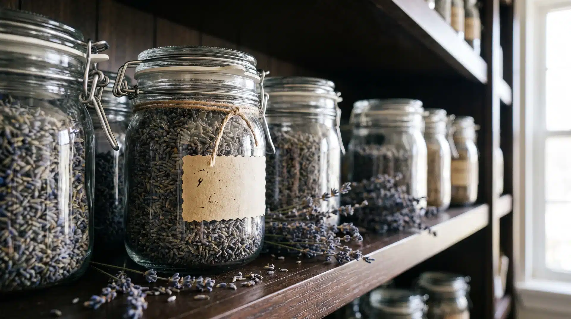 How to dry lavender and store dried buds in airtight glass jars to preserve fragrance.