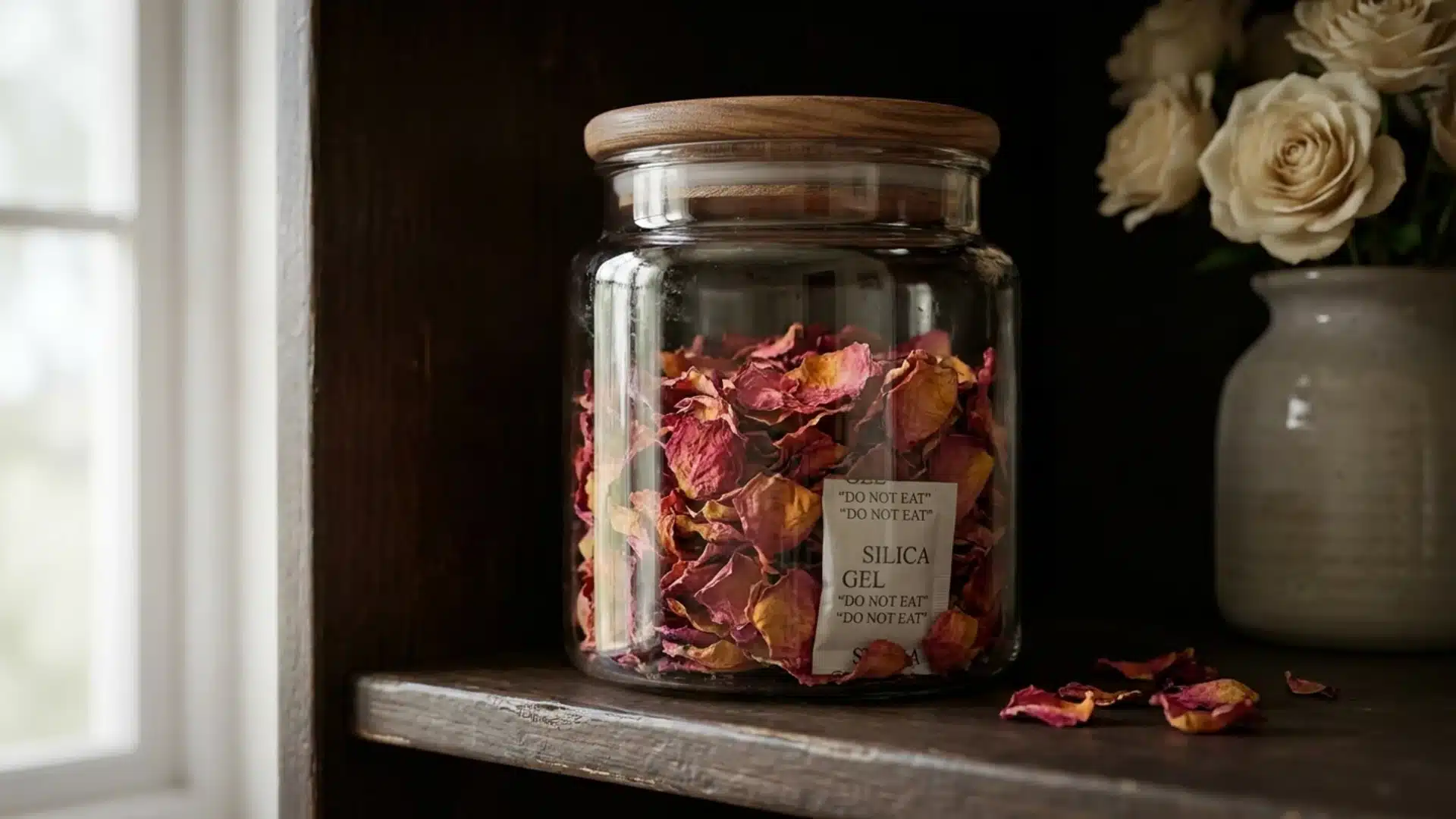 Glass jar filled with preserved dried rose petals for storage and decoration.