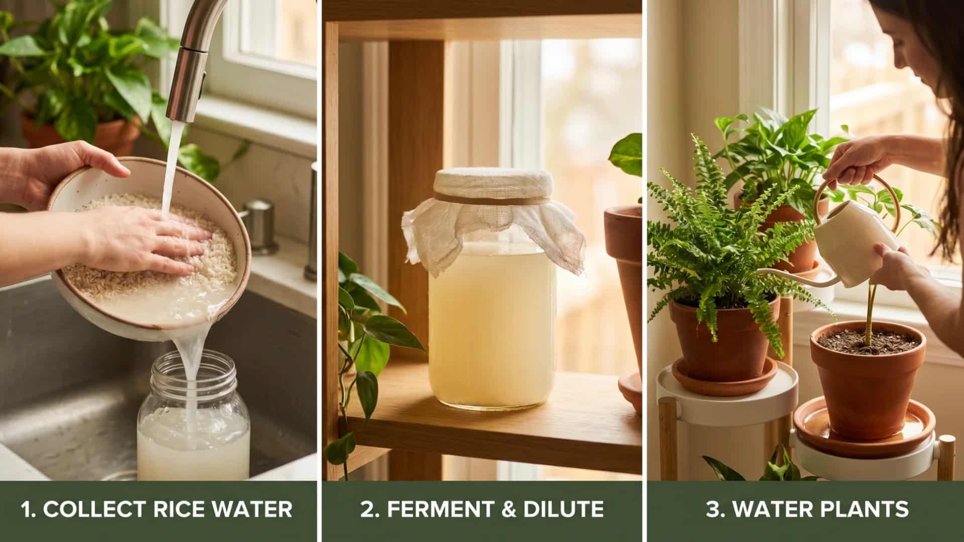 Step-by-step rice water use guide showing collecting rice water from rinsing rice, fermenting and diluting it in a jar, then using it to water indoor plants in a bright kitchen setting.