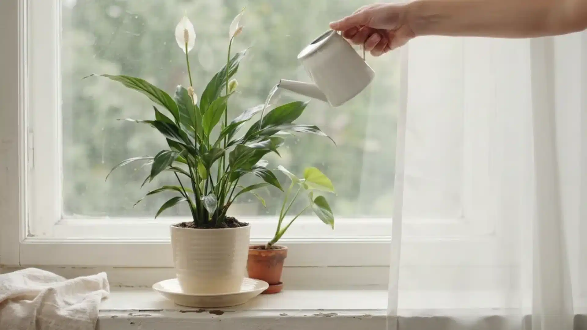 Watering a peace lily indoors using a watering can beside a window, showing proper soil moisture care routine.