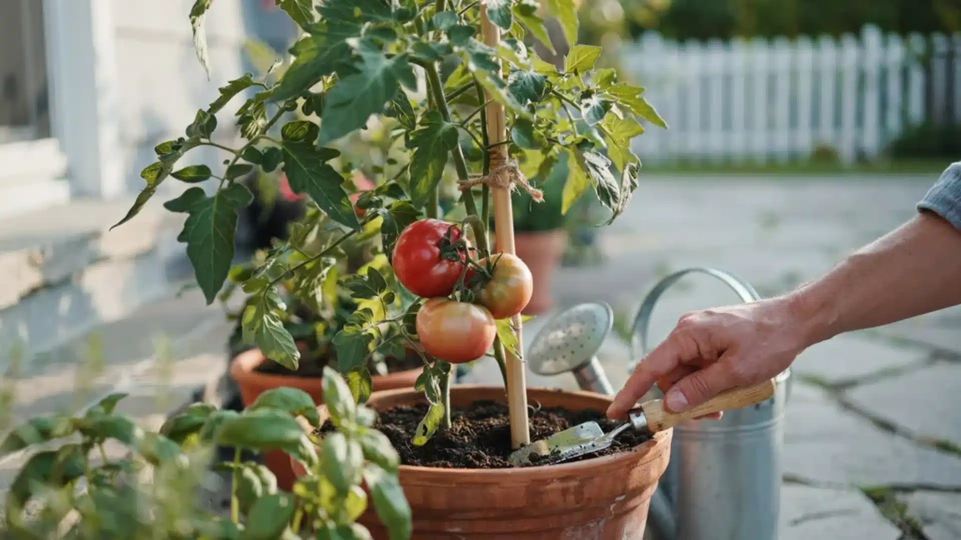 Watering container tomatoes in a terracotta pot, with a hand using a watering tool to moisten soil around a staked plant.