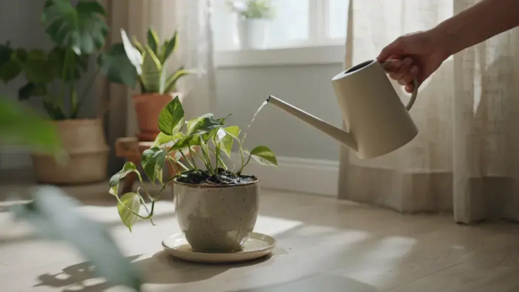 A hand gently watering a small indoor houseplant in a ceramic pot using a light-colored watering can.