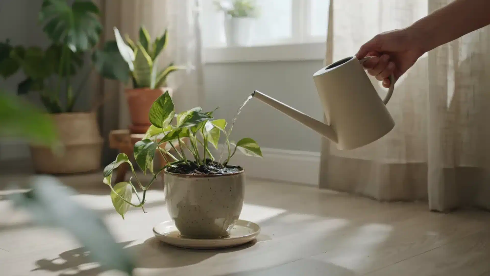 A hand gently watering a small indoor houseplant in a ceramic pot using a light-colored watering can.