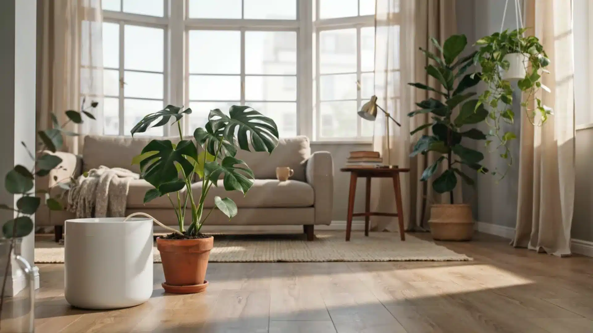 Cozy living room with large windows, cotton wick watering the indoor plants, neutral sofa, and natural light.