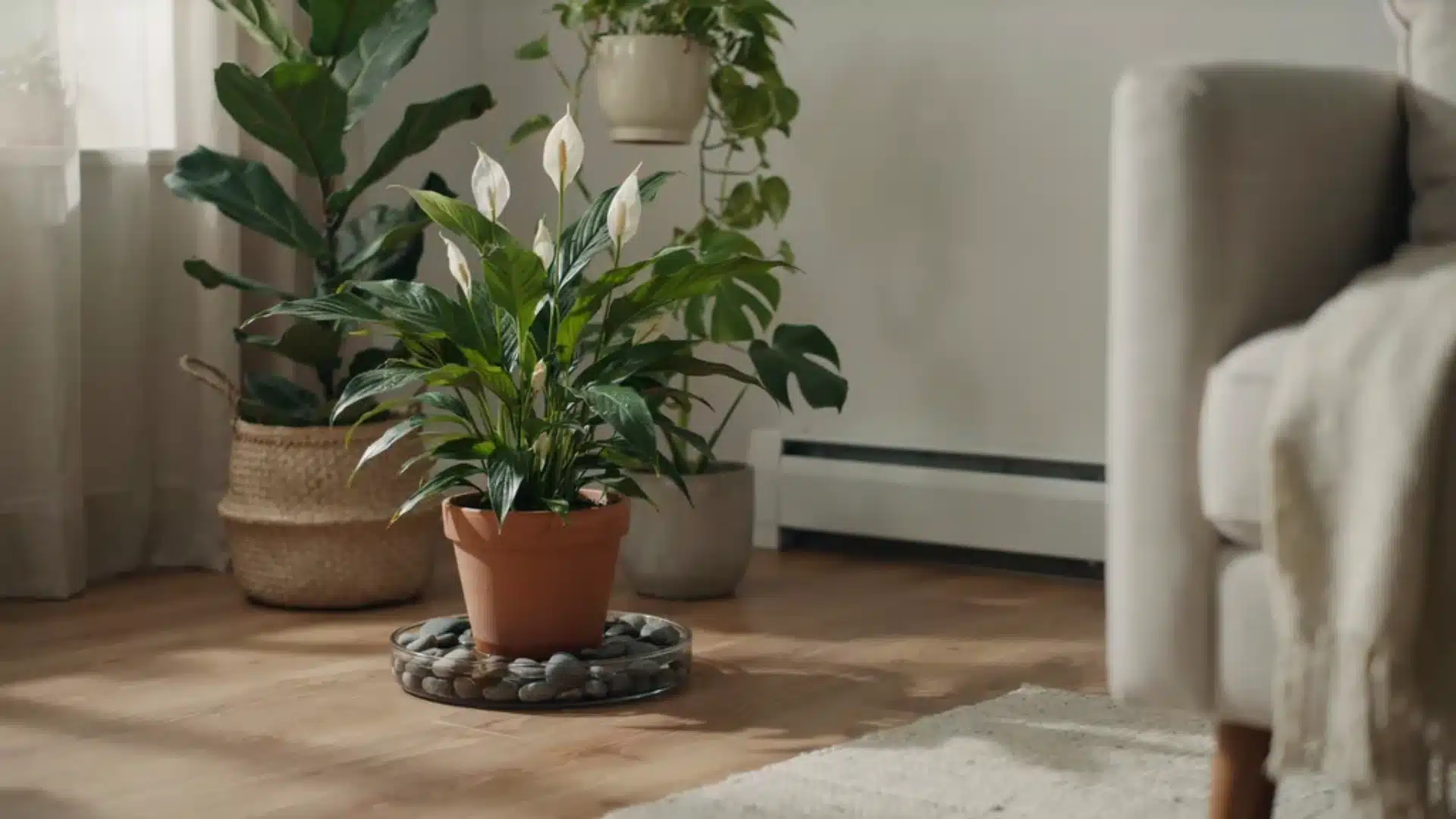 Peace lily humidity and temperature care concept with indoor plant placed in a bright room showing comfortable home environment conditions.