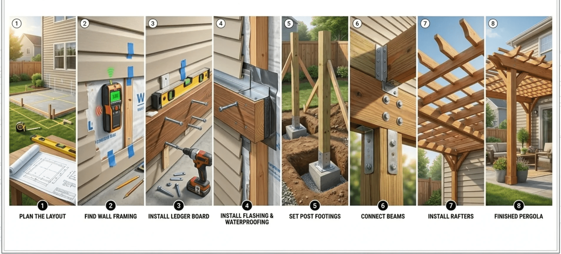 Step-by-step process showing how to attach a pergola to a house.
