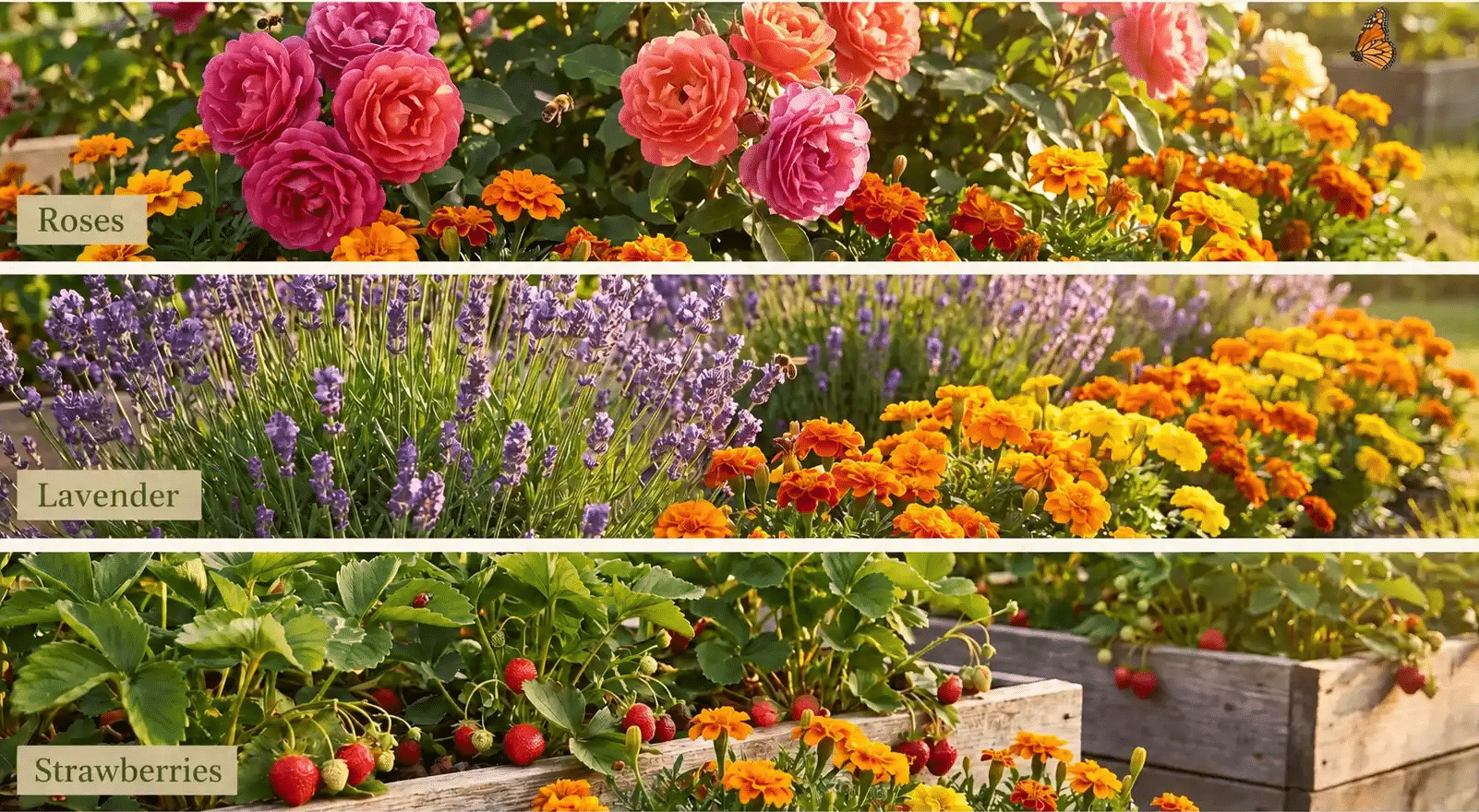 Vibrant garden collage showing roses, lavender, and strawberries growing alongside marigolds, demonstrating marigold companion planting benefits.