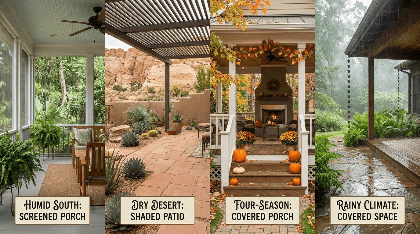 Outdoor spaces in different climates showing porch and patio designs suited for weather conditions.