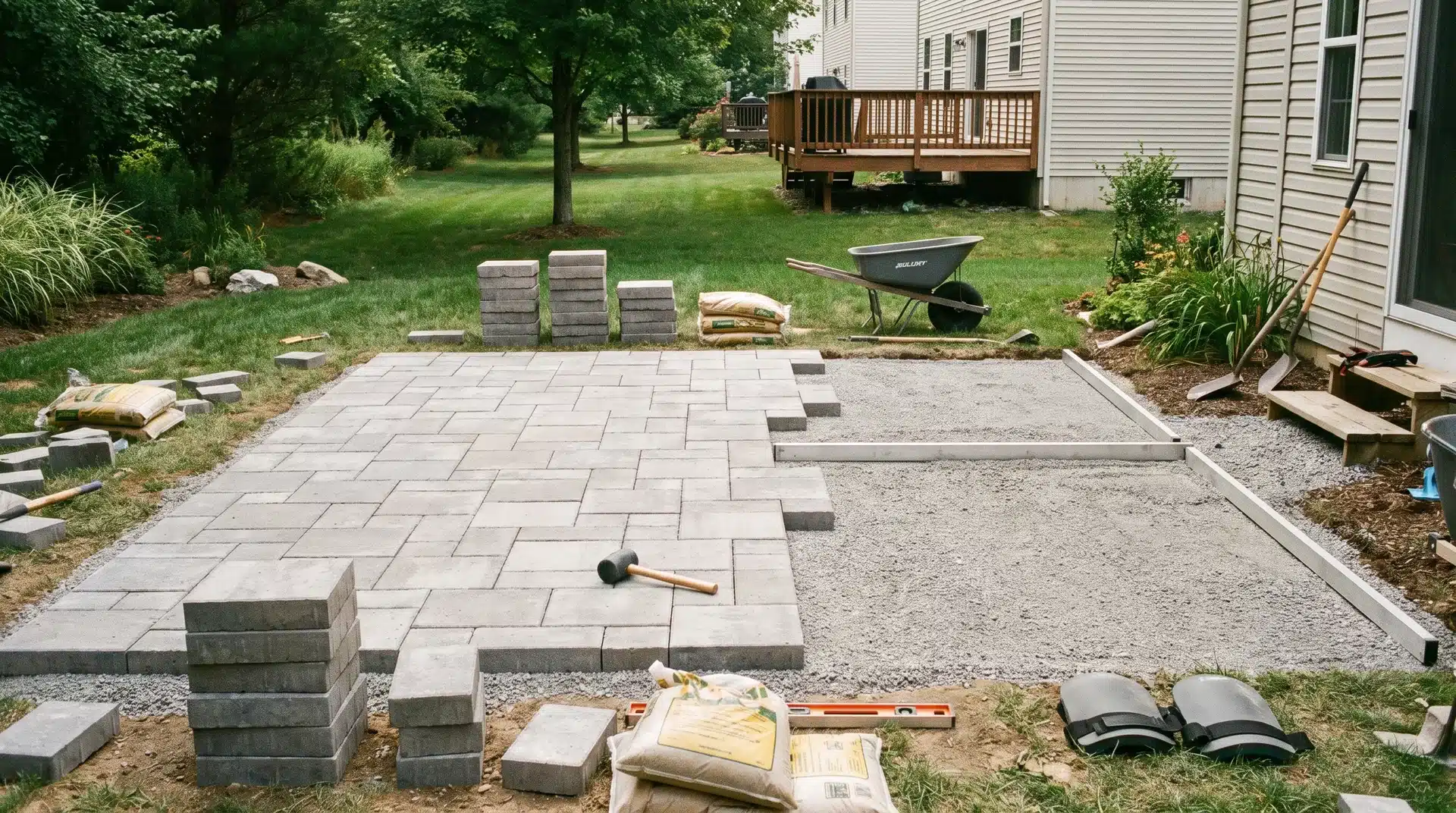 Installing patio pavers in a backyard with prepared ground, tools, gravel base, and unfinished outdoor project area.