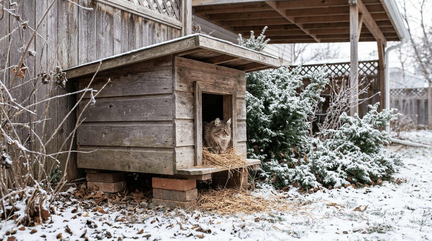 Outdoor cat shelter raised on bricks under porch roof with straw bedding and weather protection.
