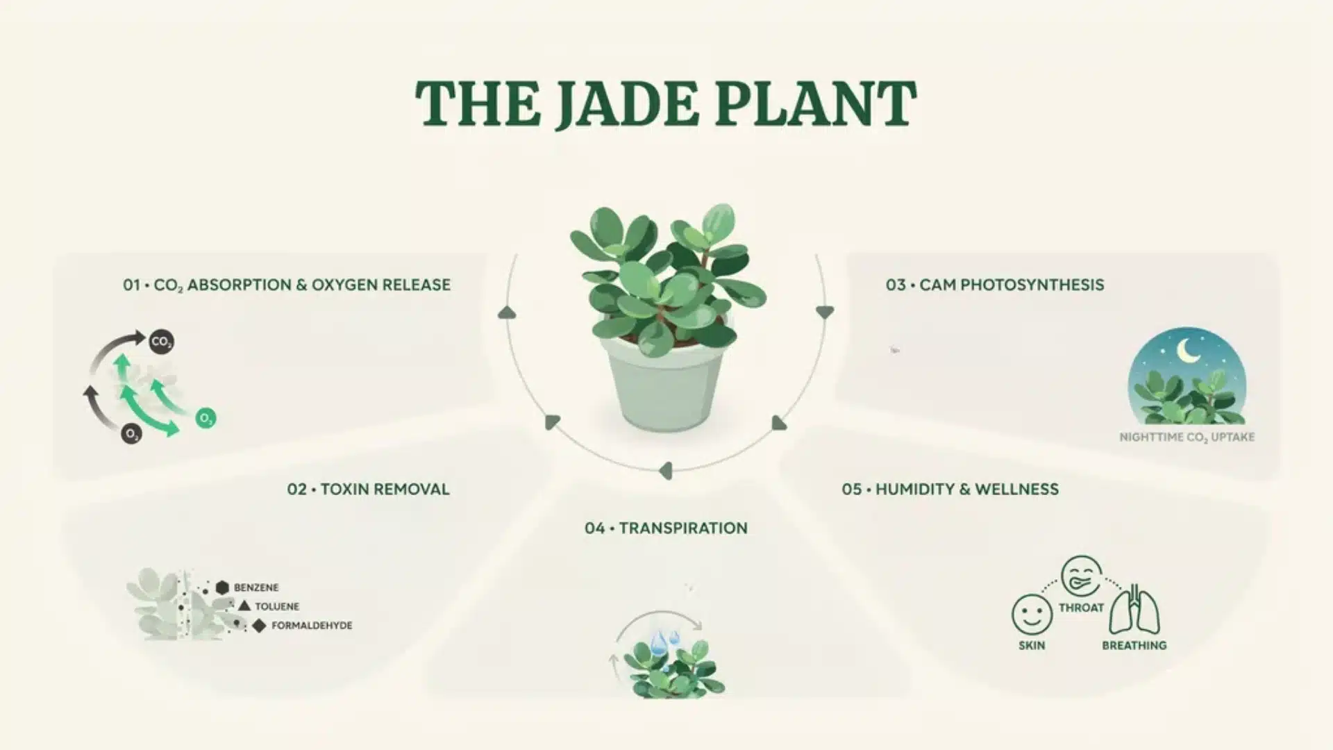 Infographic showing air purification benefits of the jade plant, including CO2 absorption, oxygen release, and toxin removal processes.