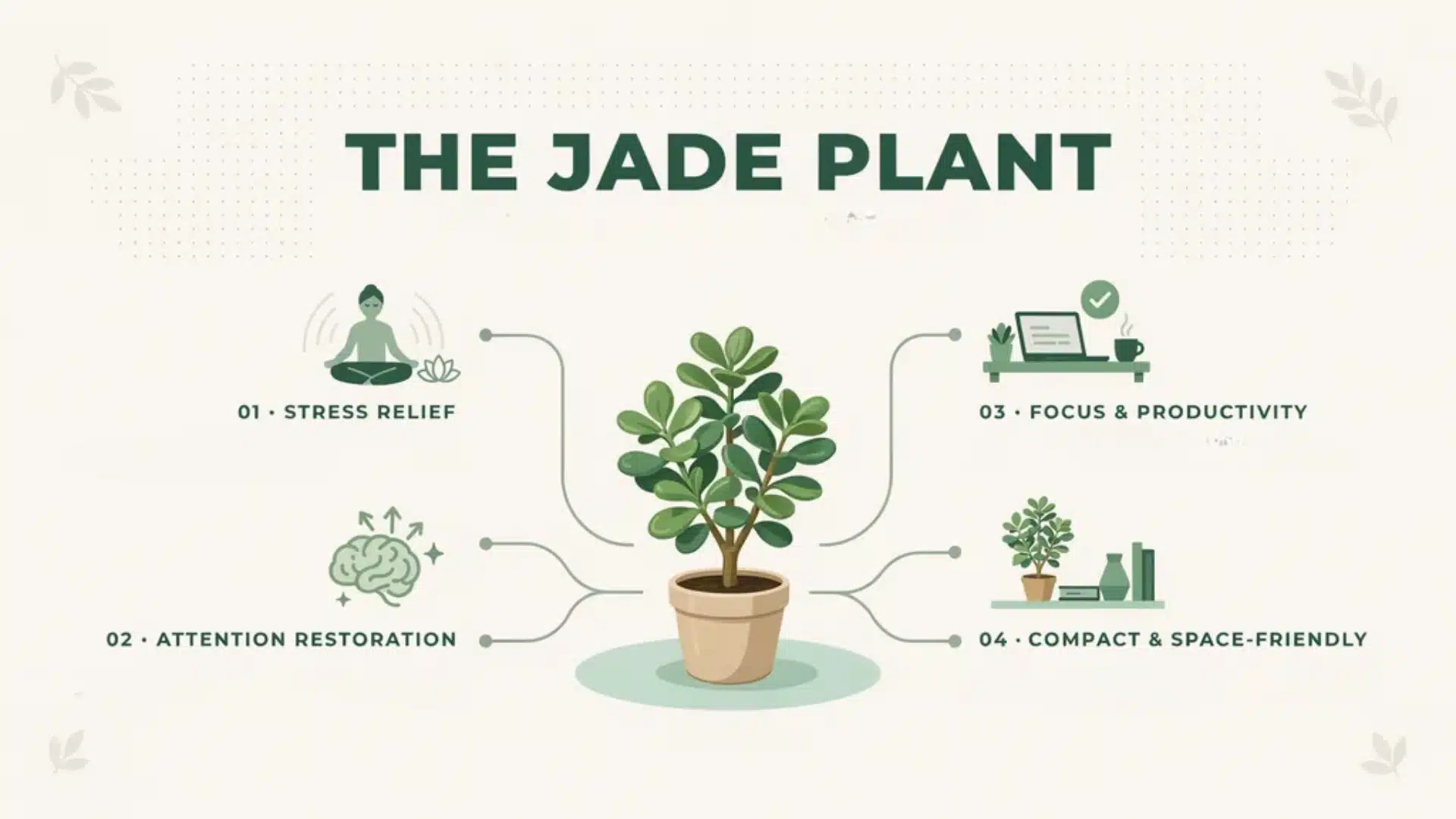 Infographic highlighting jade plant benefits for mental health, focus, stress relief, and productivity with simple icons and labeled sections.