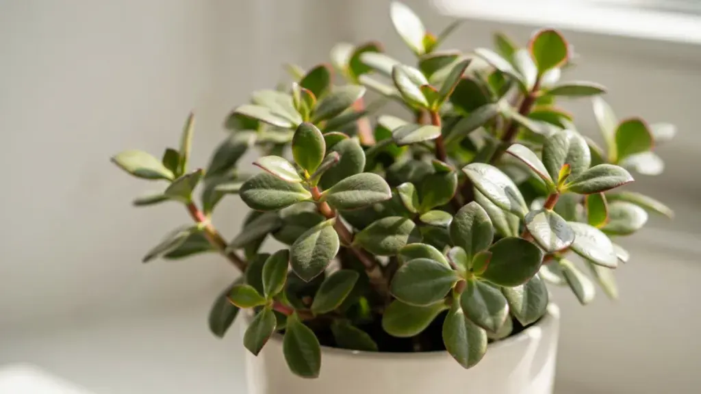 Close-up of a healthy jade plant with thick green leaves growing in a white ceramic pot under soft natural indoor light.