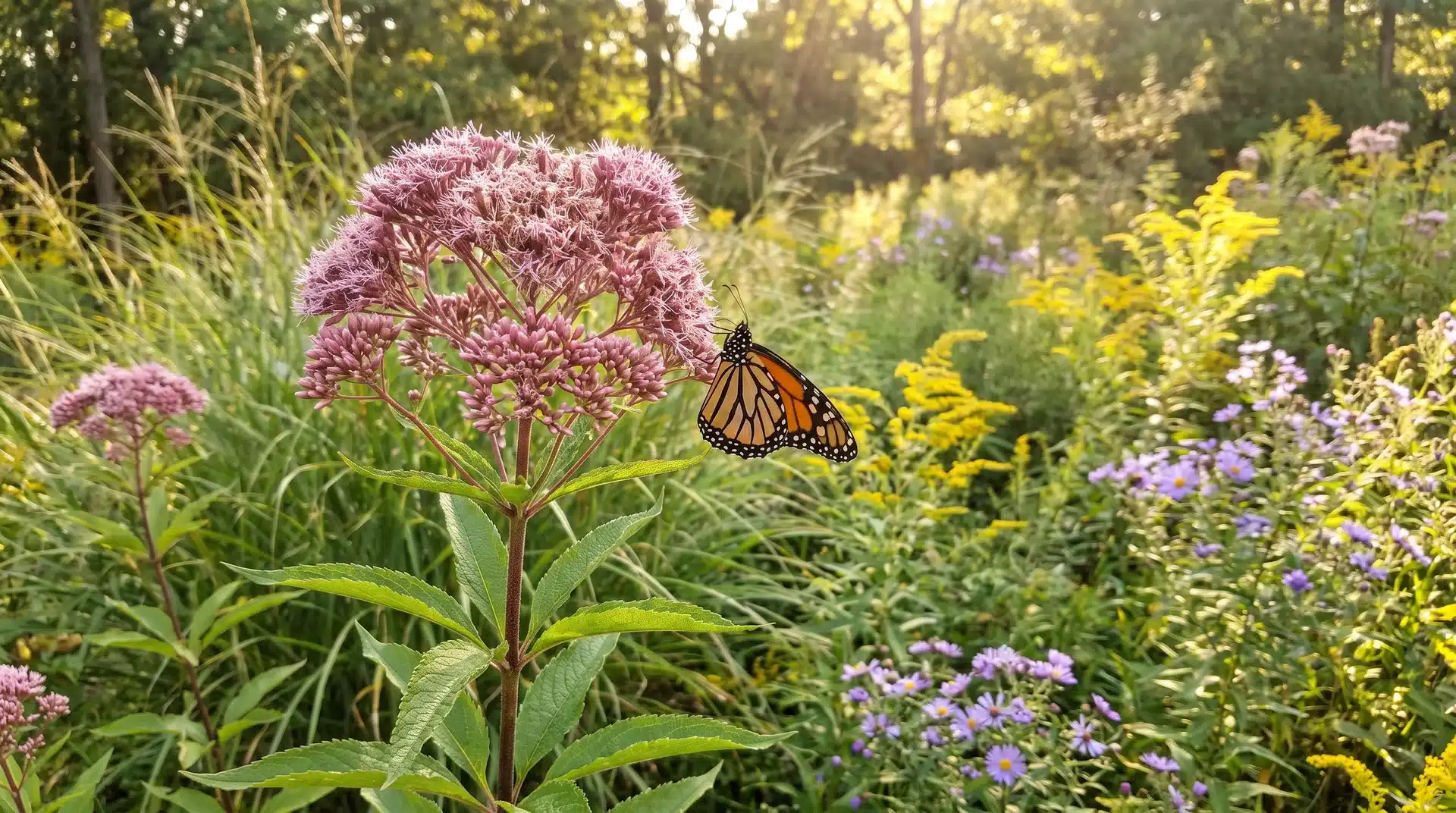 Pink Joe Pye weed clusters with monarch butterflies among flowers that attract butterflies.