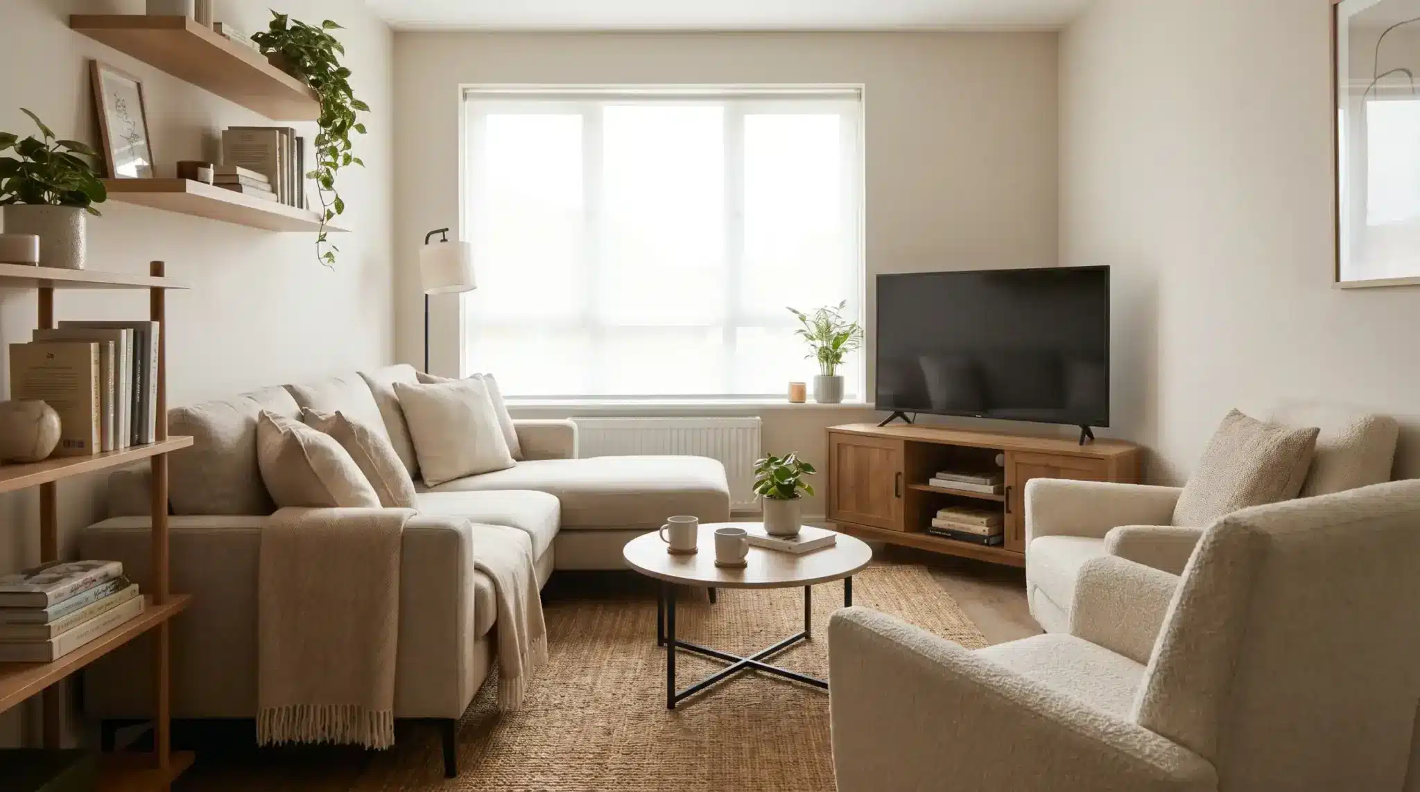 L-shaped living room furniture layout featuring a sofa and loveseat arranged at right angle in cozy modern room.