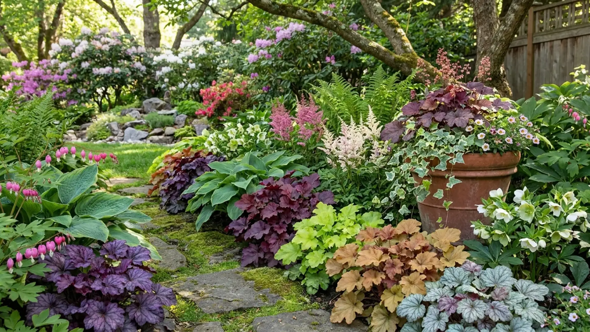 Colorful coral bells plants growing in a shaded garden landscape with ferns, flowers, and stone pathway.