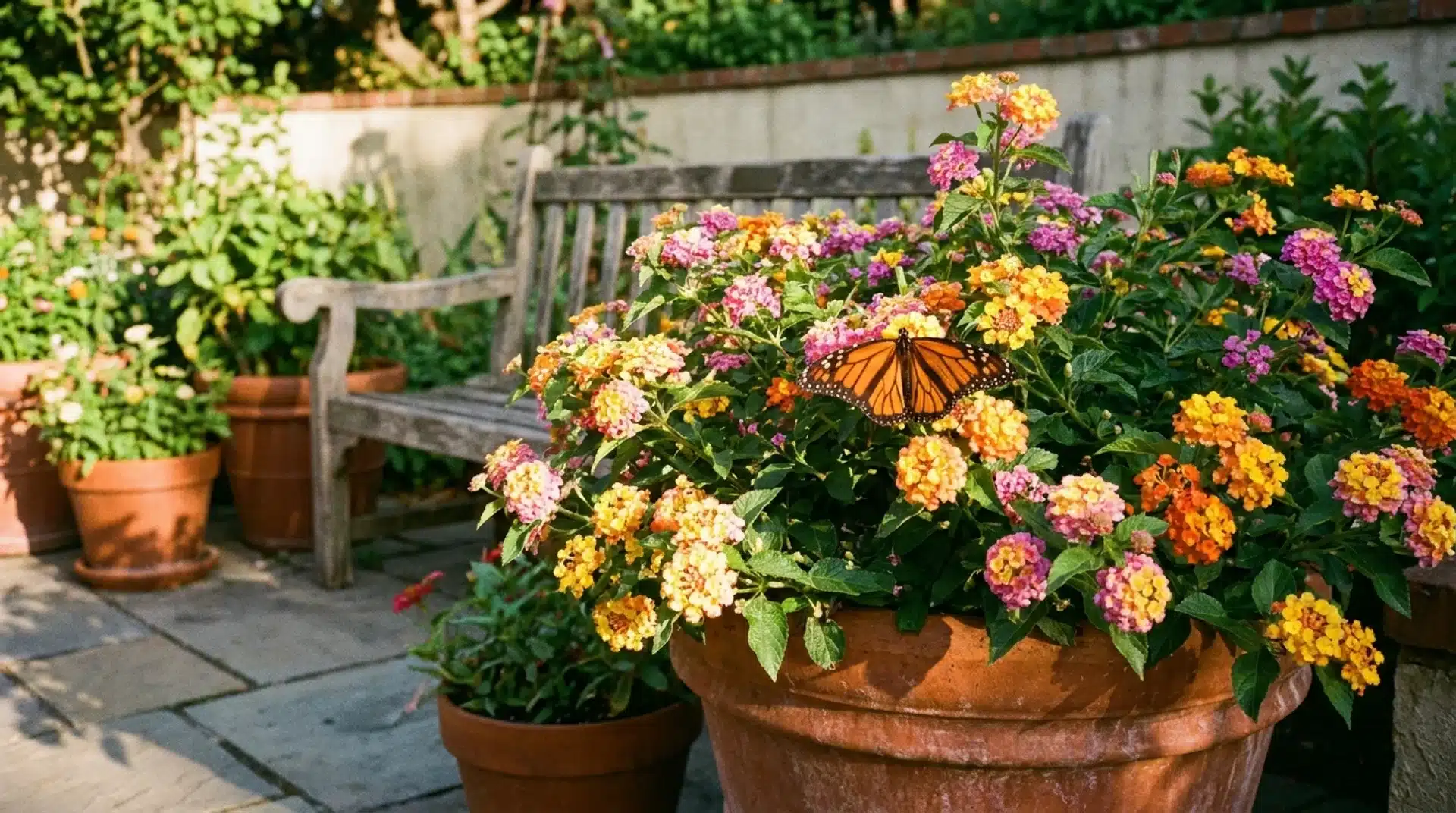 Colorful lantana blooms with butterflies highlighting flowers that attract butterflies in containers.