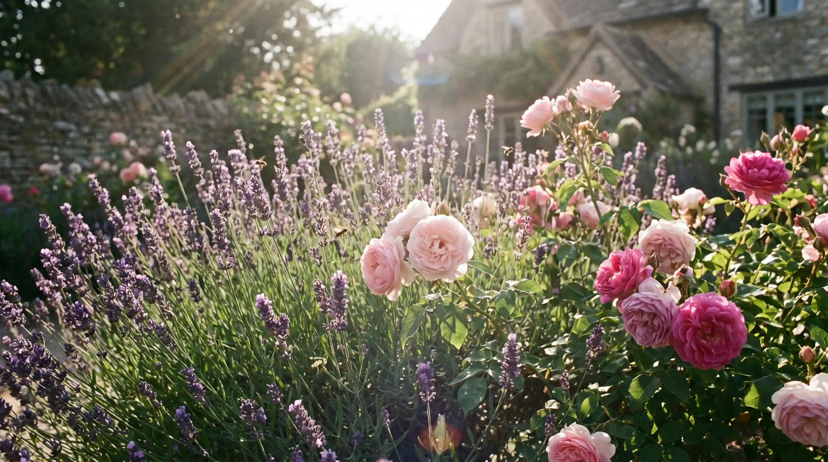 Fragrant lavender plants beside blooming roses in sunny garden companion plants for roses to keep pests away attracting bees and pollinators.