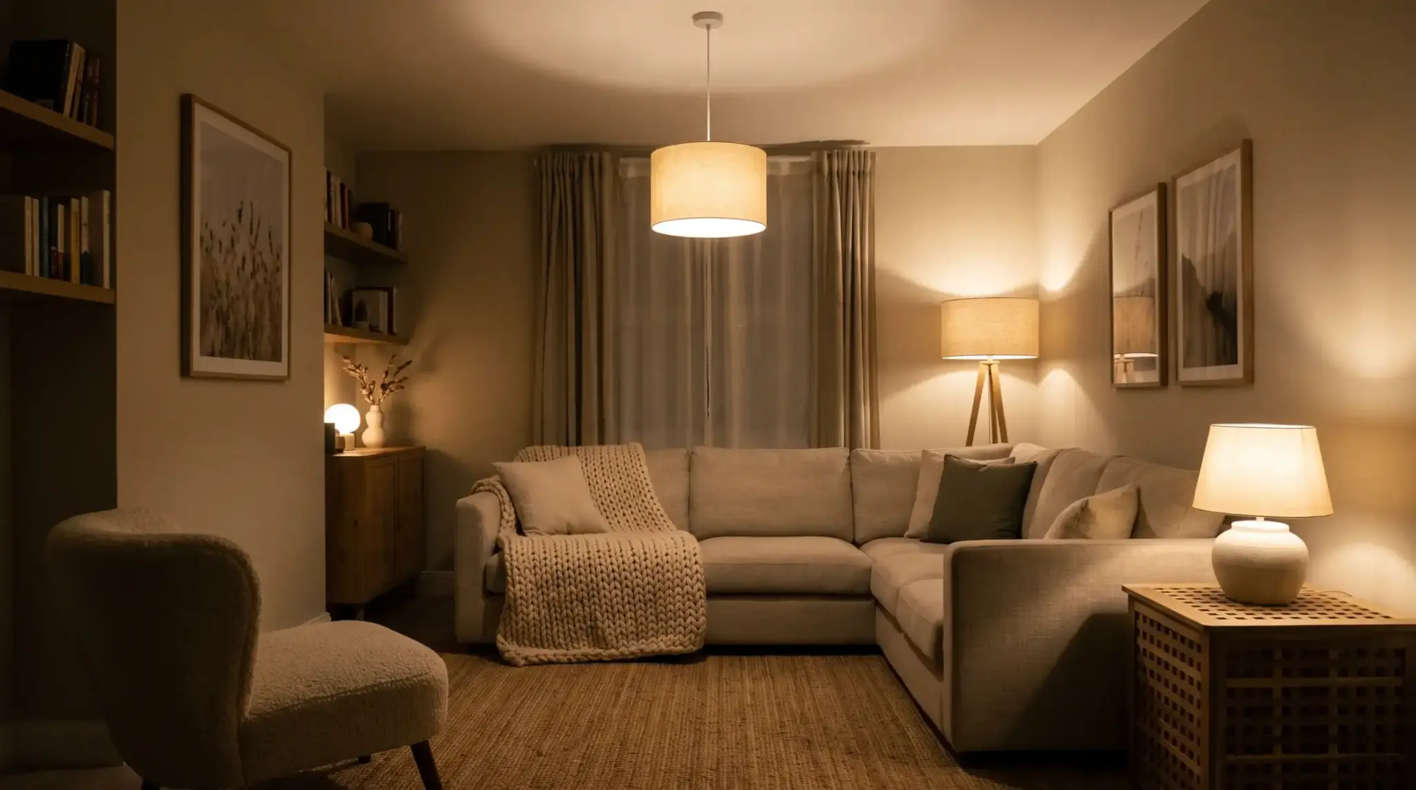 Living room with layered ceiling, floor, and table lighting to make small living room look bigger and warmer.