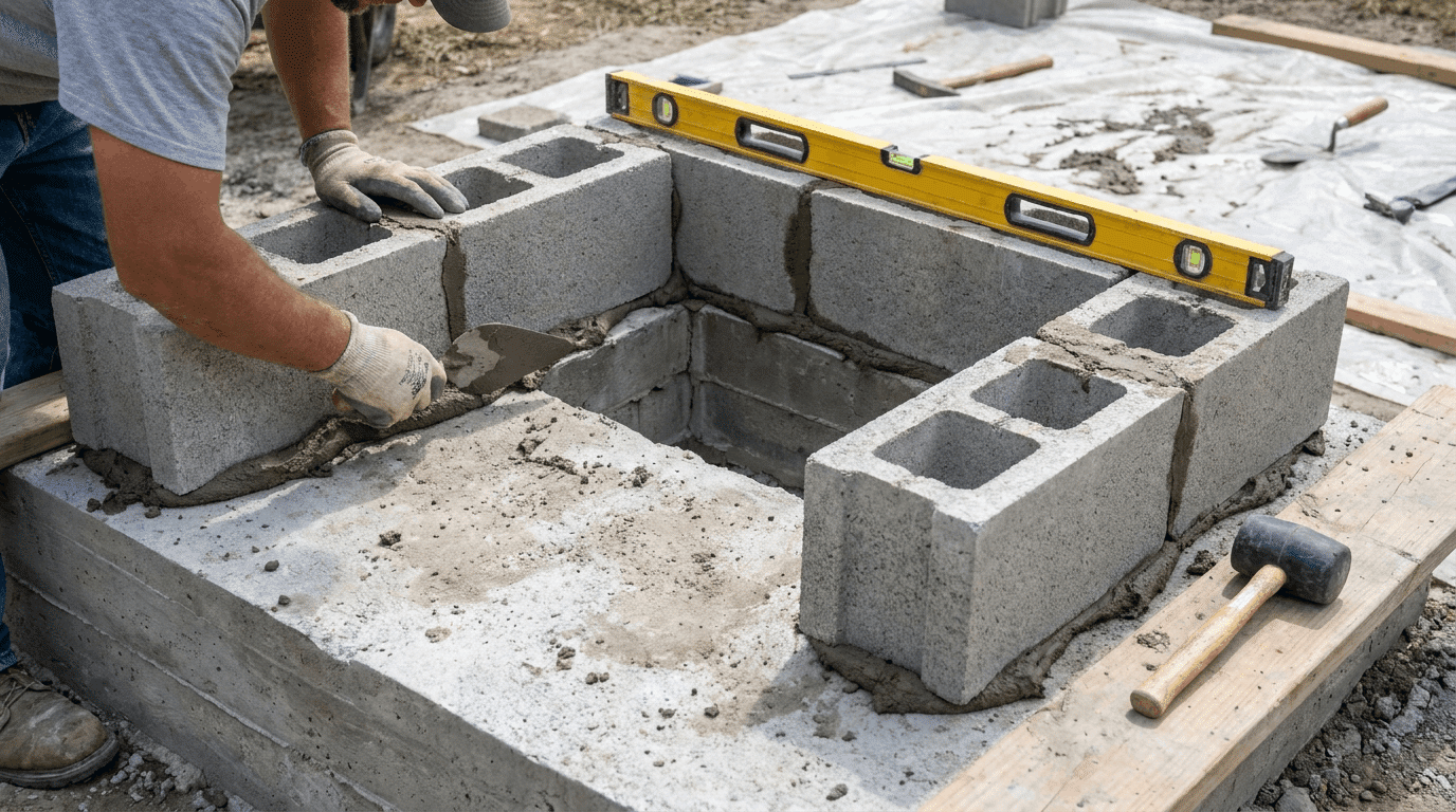 Installing first row of cinder blocks with mortar and level checks for outdoor fireplace base.