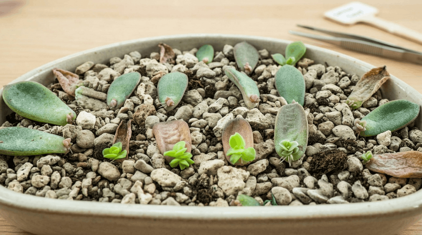 Succulent leaf cuttings laid on gritty soil tray with small plantlets emerging in bright natural indoor gardening setup.