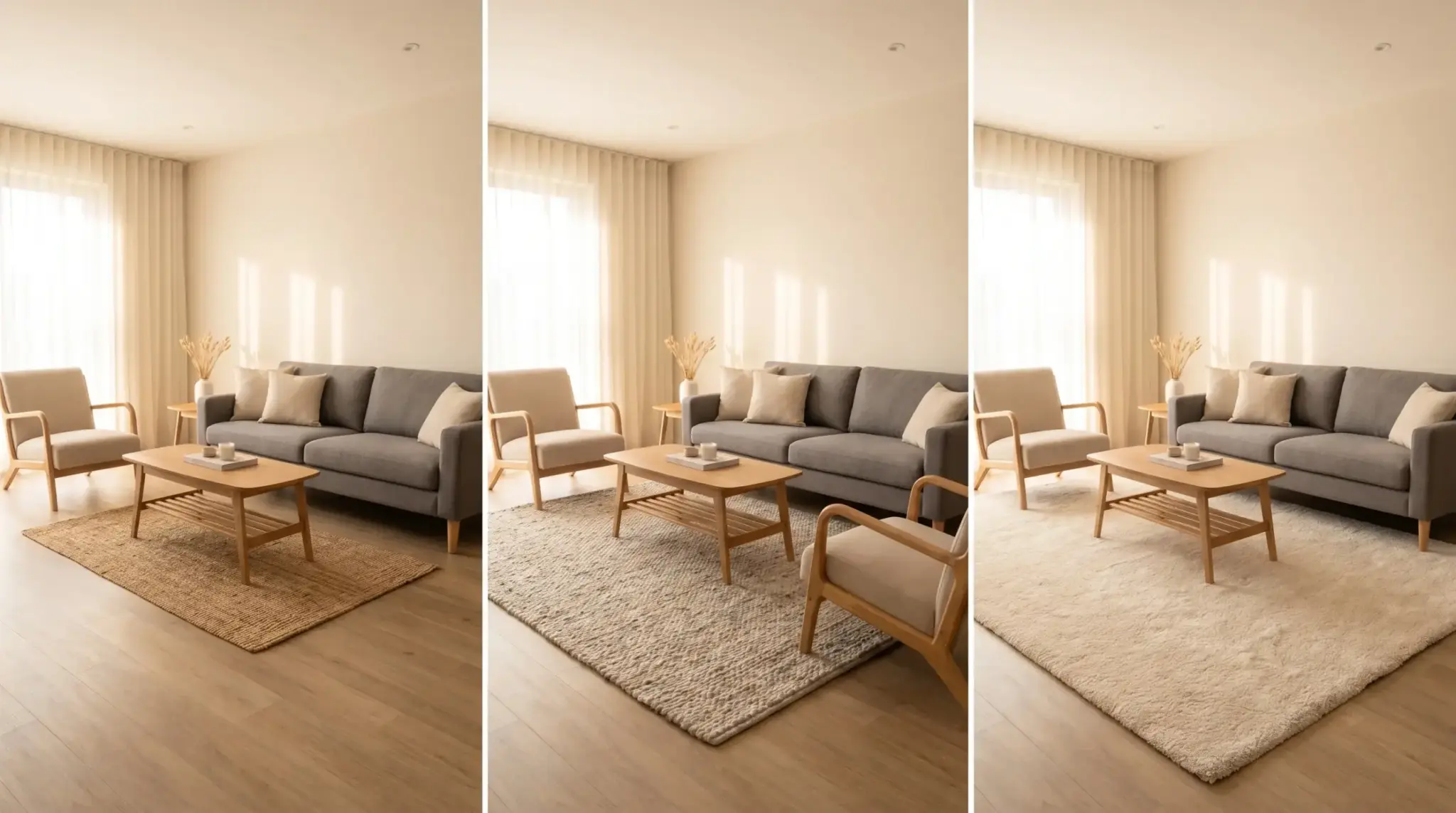 Living room rug size comparison showing legs on, legs off, and fully anchored furniture placement styles.