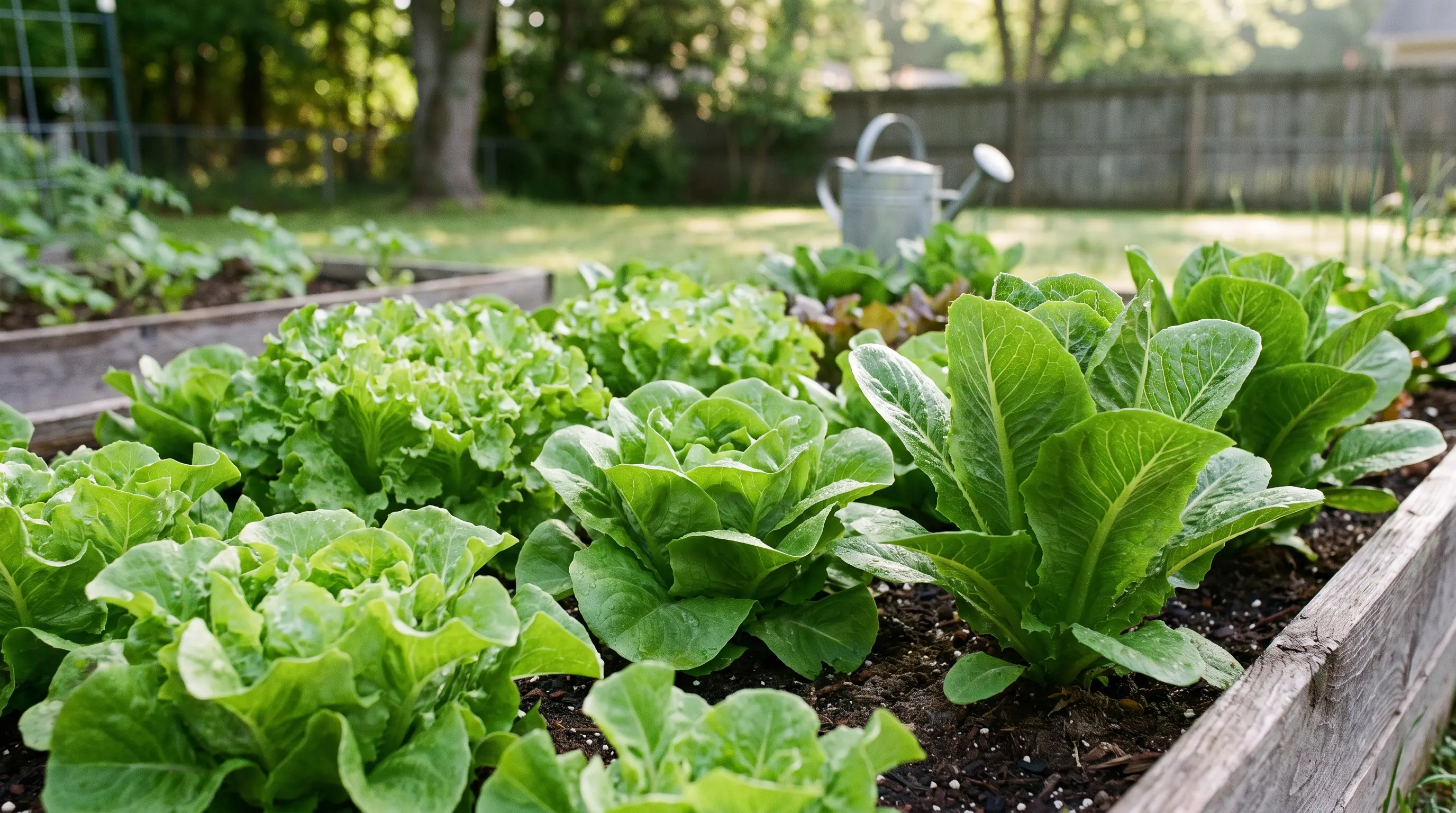 Fresh green lettuce heads growing in a raised vegetable garden bed