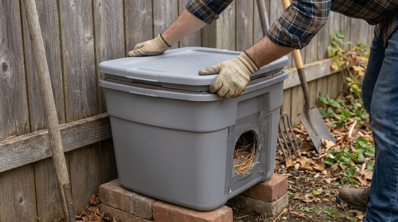 Closing plastic tote lids securely to complete weather-resistant DIY outdoor cat shelter construction.