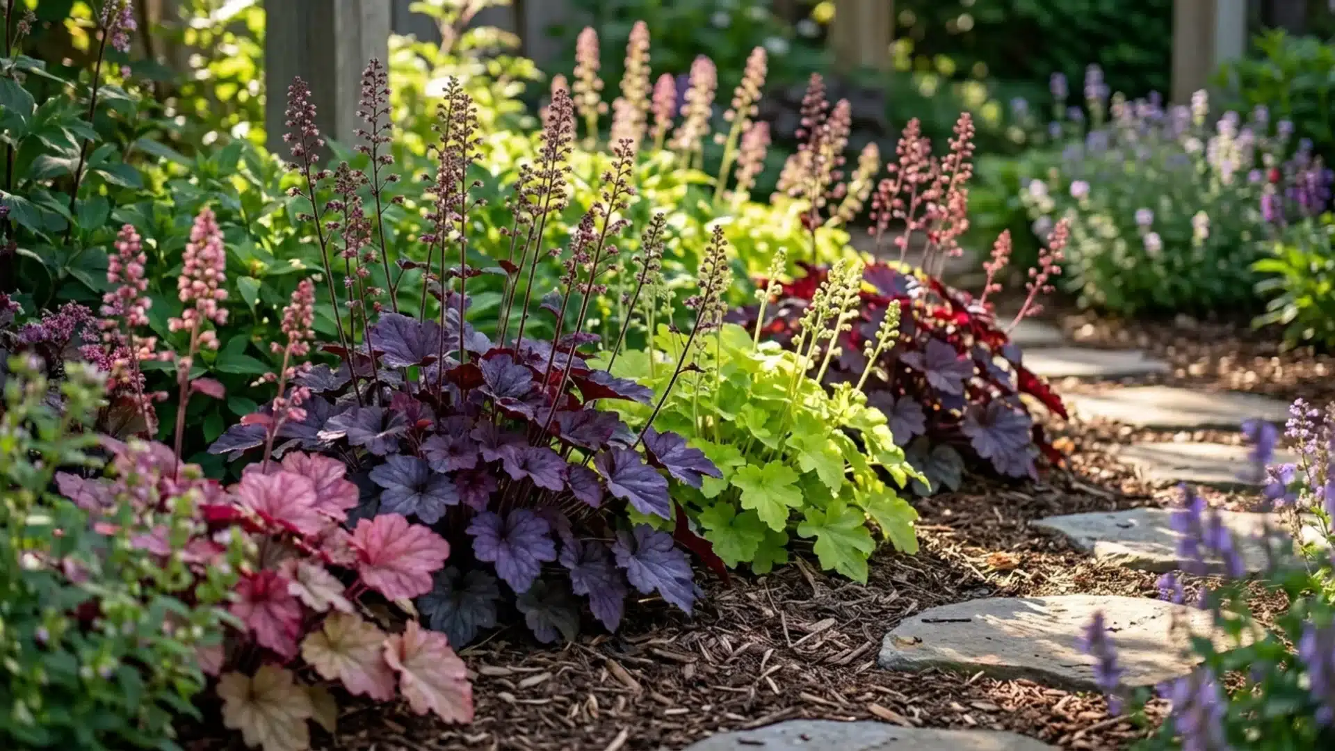 Healthy coral bells growing in a shaded garden border with colorful foliage varieties.