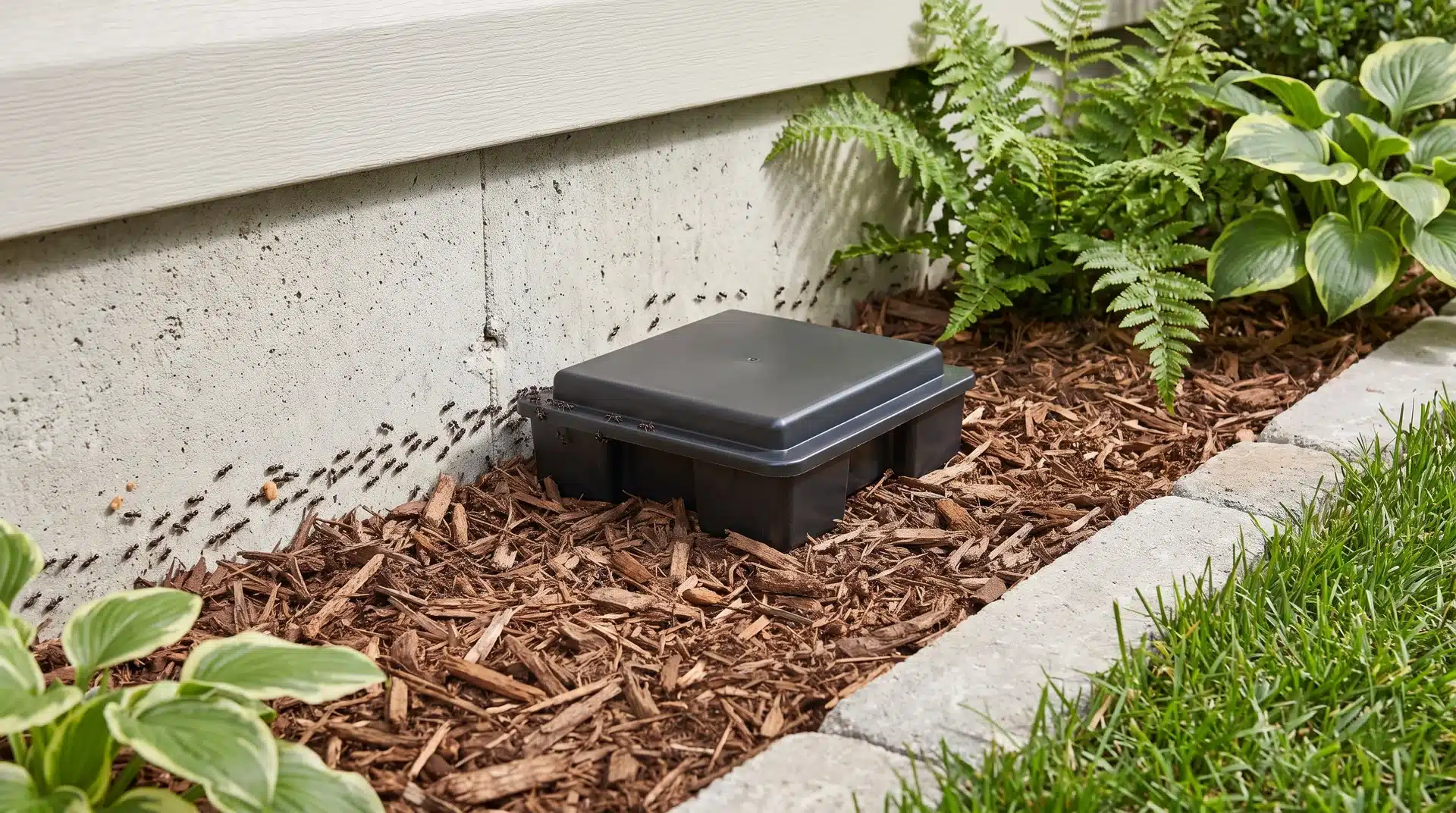 Ant killer outdoor liquid bait station placed near foundation with ants following a trail toward treatment.