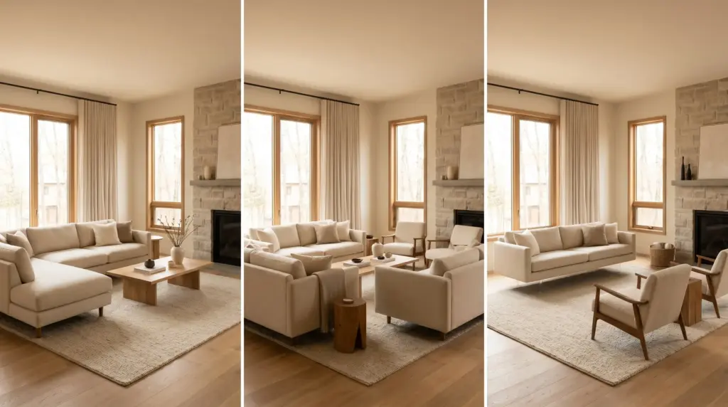 Living room furniture layout showcasing multiple arrangement styles including L-shaped U-shaped floating and TV centered designs in one space.