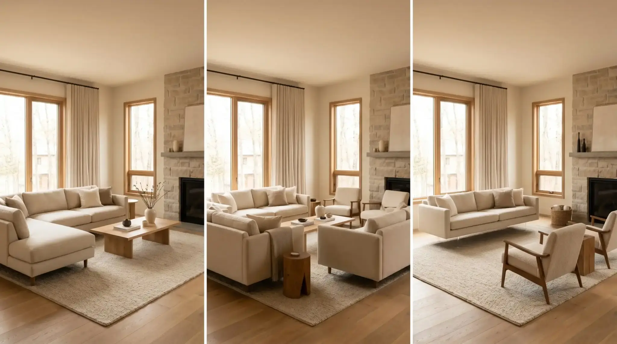 Living room furniture layout showcasing multiple arrangement styles including L-shaped U-shaped floating and TV centered designs in one space.