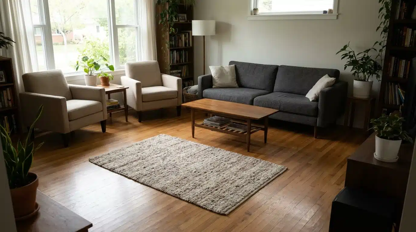 Bright modern living room with sectional sofa, chairs, and undersized rug shown in living room rug size guide example.