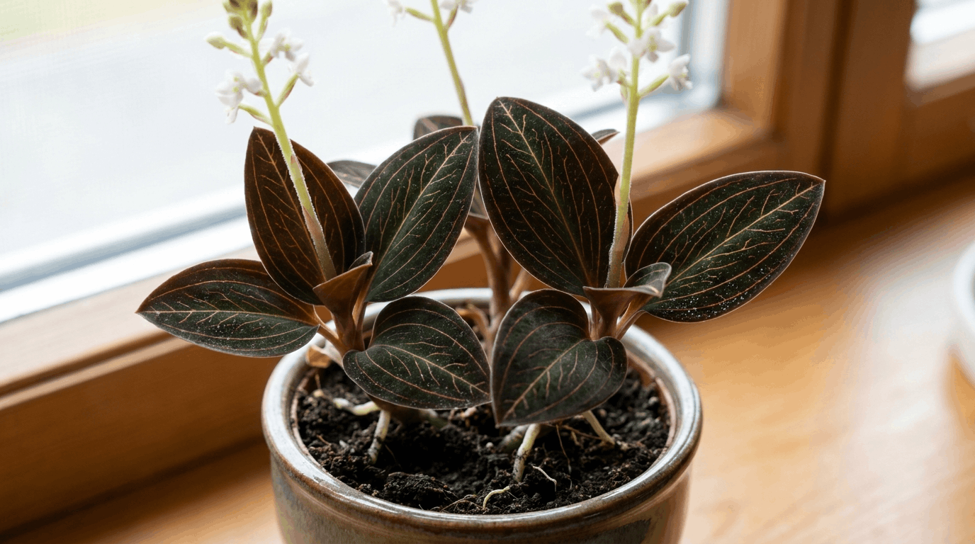 Ludisia jewel orchid with dark velvet leaves and red gold veins growing in soil-based potting mix.