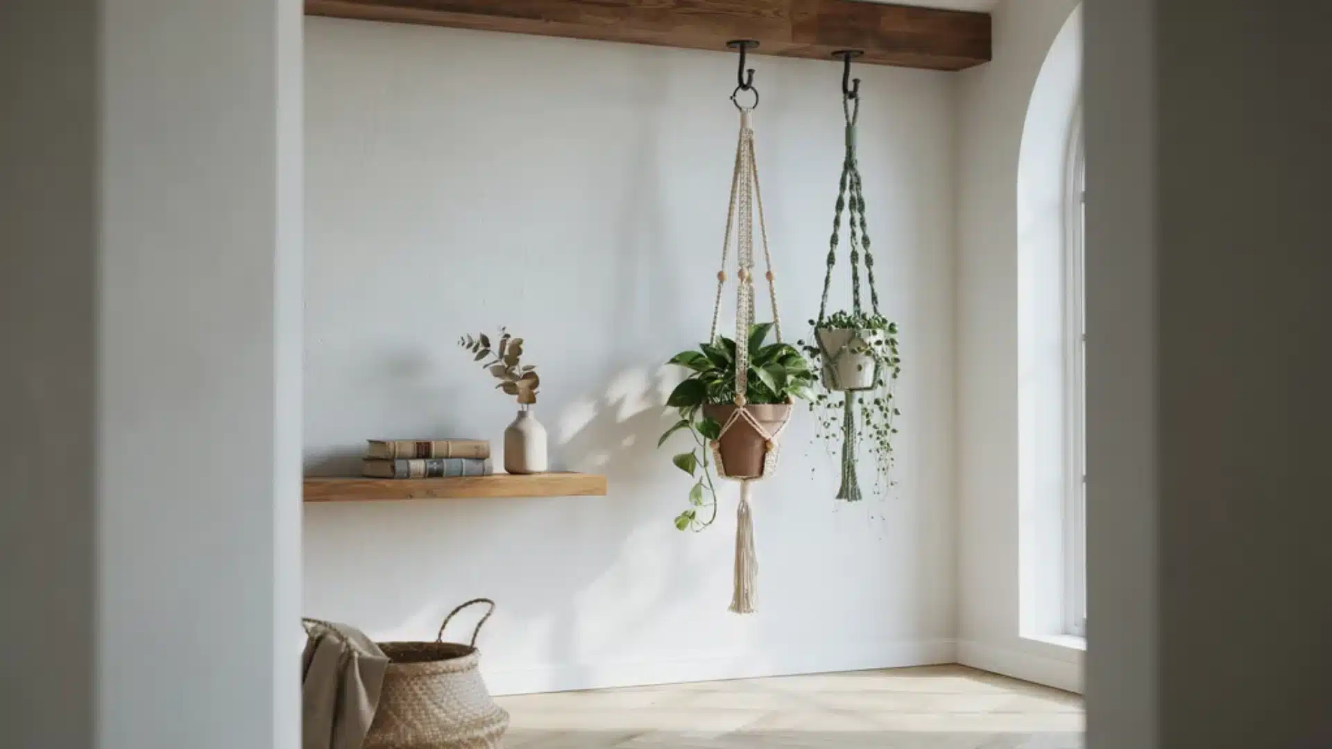 Minimalist interior with hanging crocheted plant pots beside a wall shelf holding books and decor, showing a calm, airy boho-inspired living space with soft daylight.