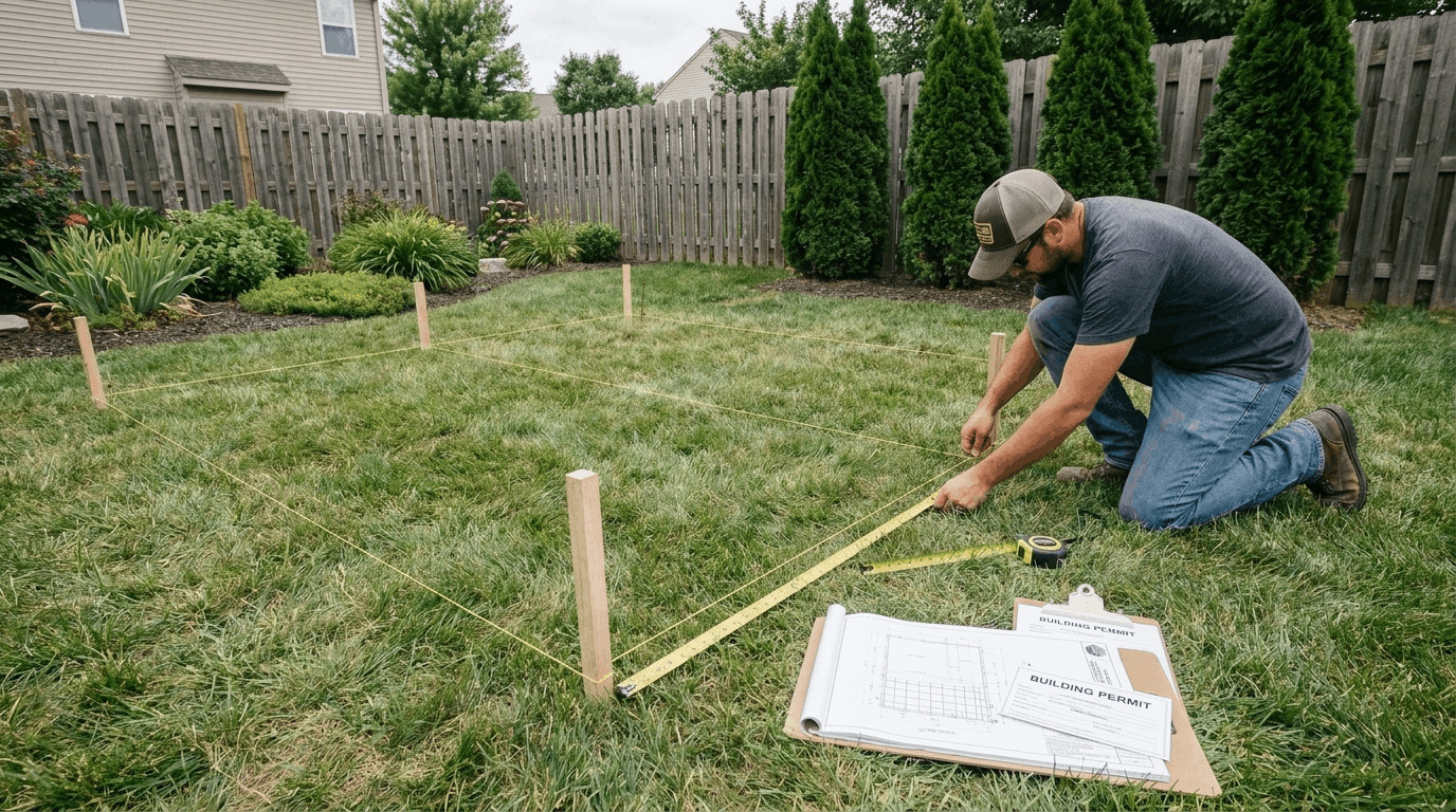 Marking backyard area for outdoor fireplace construction with stakes, chalk lines, and measuring tools.