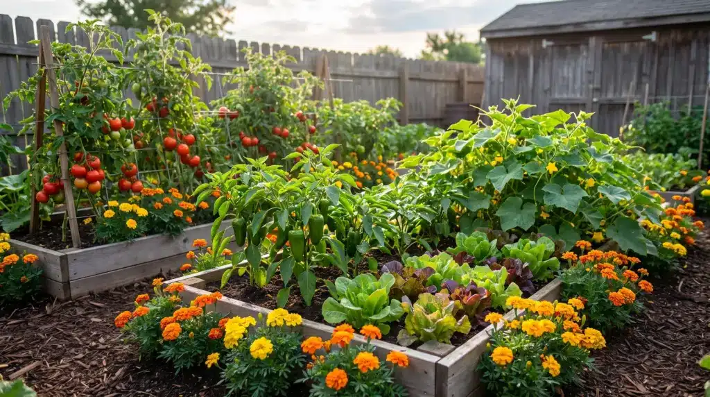 Raised garden beds showcasing marigolds paired with vegetables and herbs, illustrating effective marigold companion planting for healthy growth.