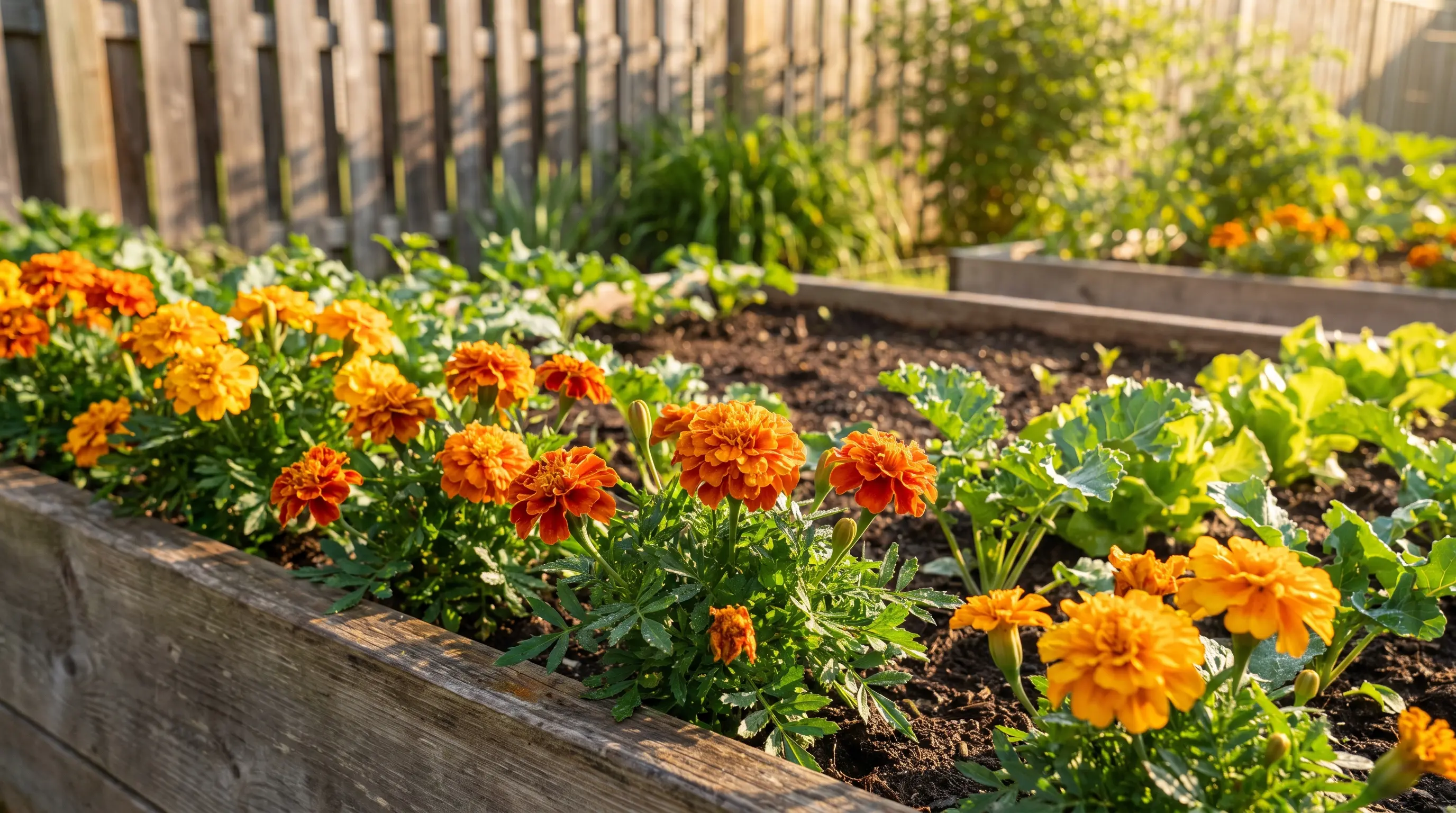 Bright orange and yellow marigold flowers growing in a backyard vegetable garden