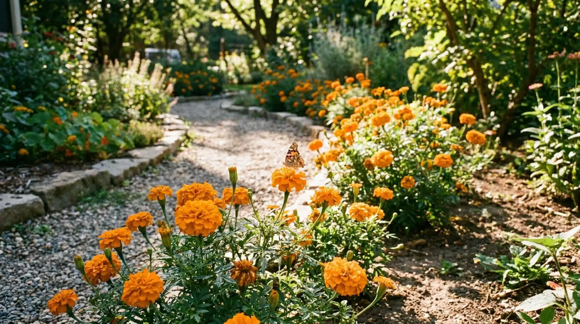 Orange marigold flowers with butterflies showing flowers that attract butterflies in garden beds.