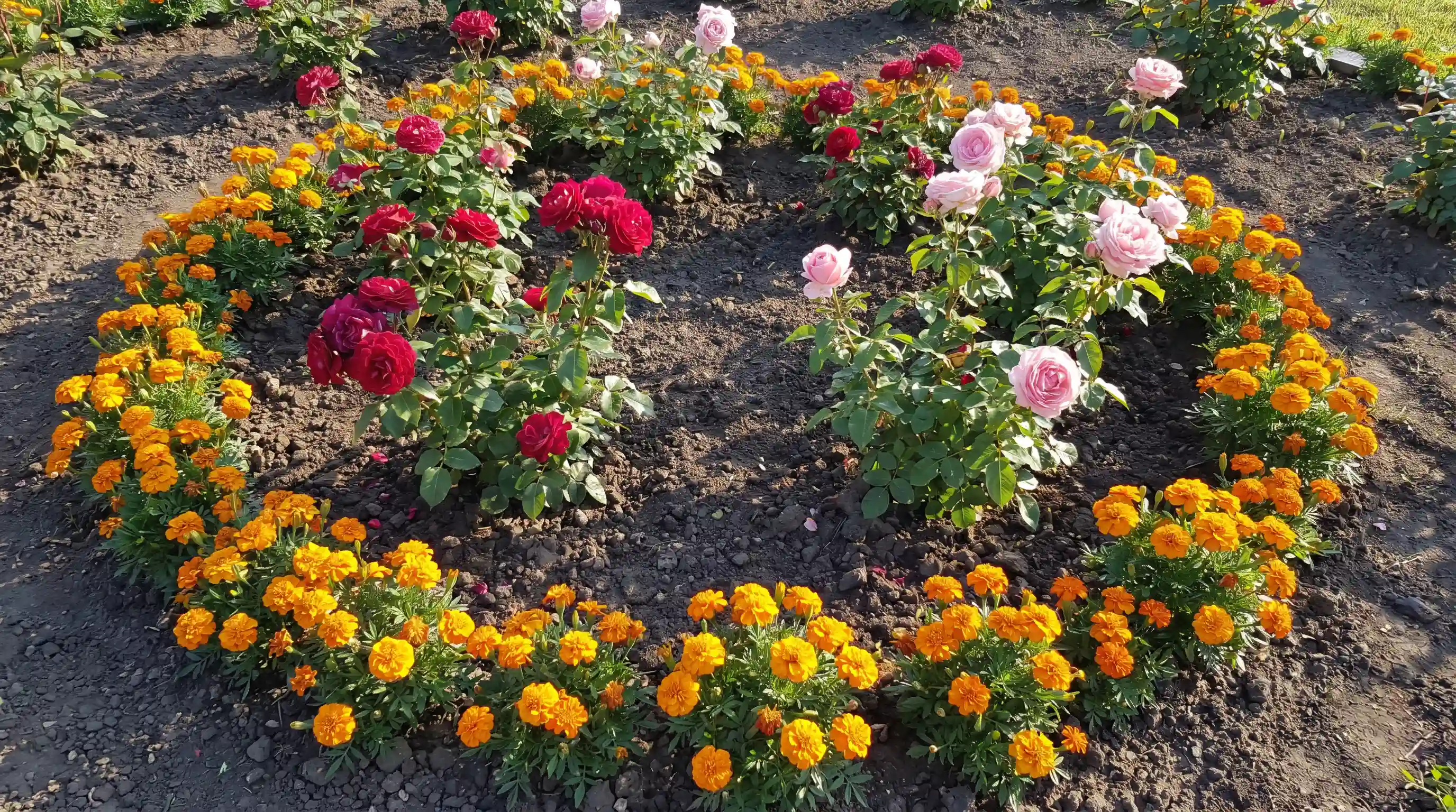 Bright marigolds planted around rose bushes in summer garden companion plants for roses to keep pests away deterring harmful nematodes.