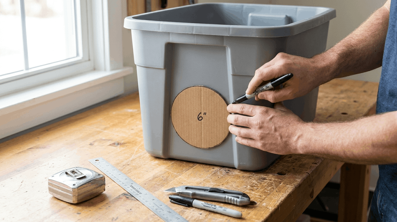 Marking a circular entrance hole on plastic tote before cutting a DIY outdoor cat shelter opening.