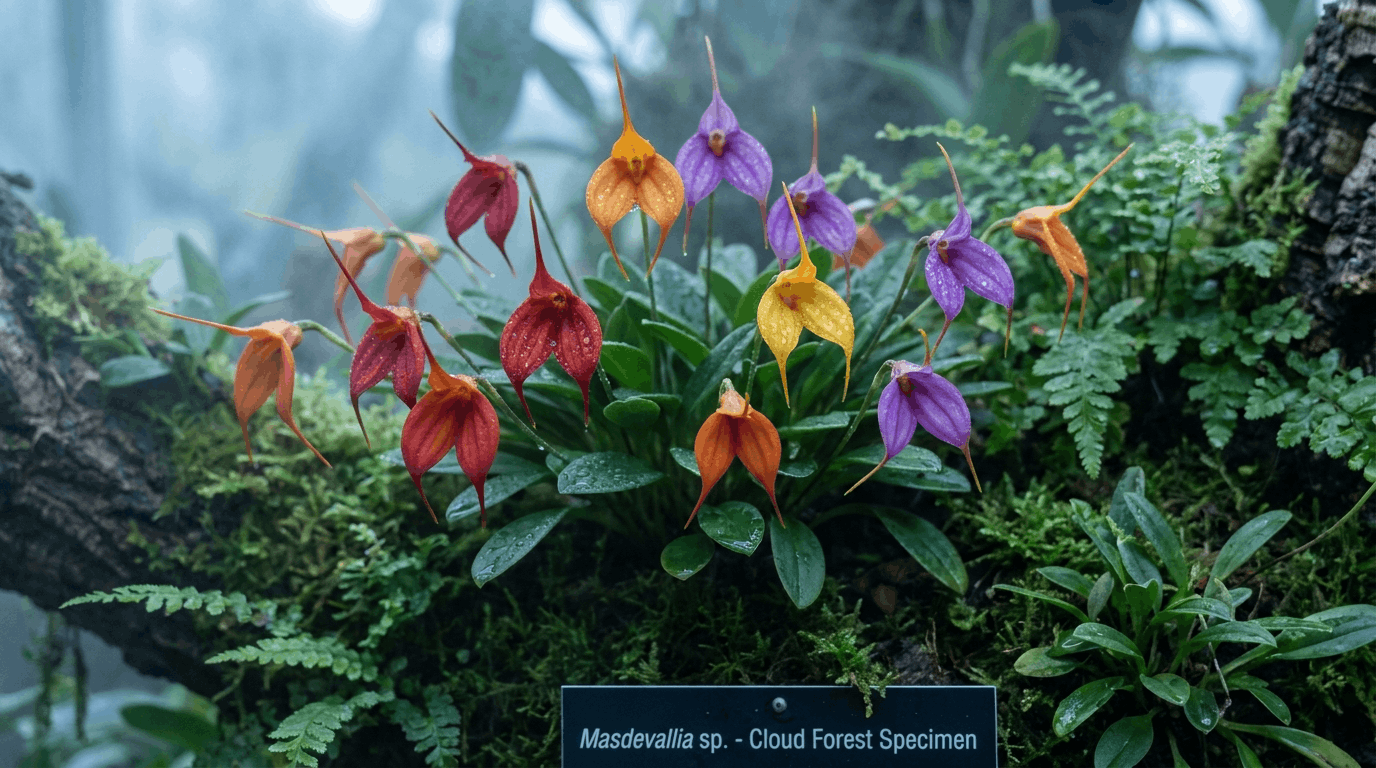 Masdevallia orchid with triangular colorful flowers growing in cool humid greenhouse conditions.