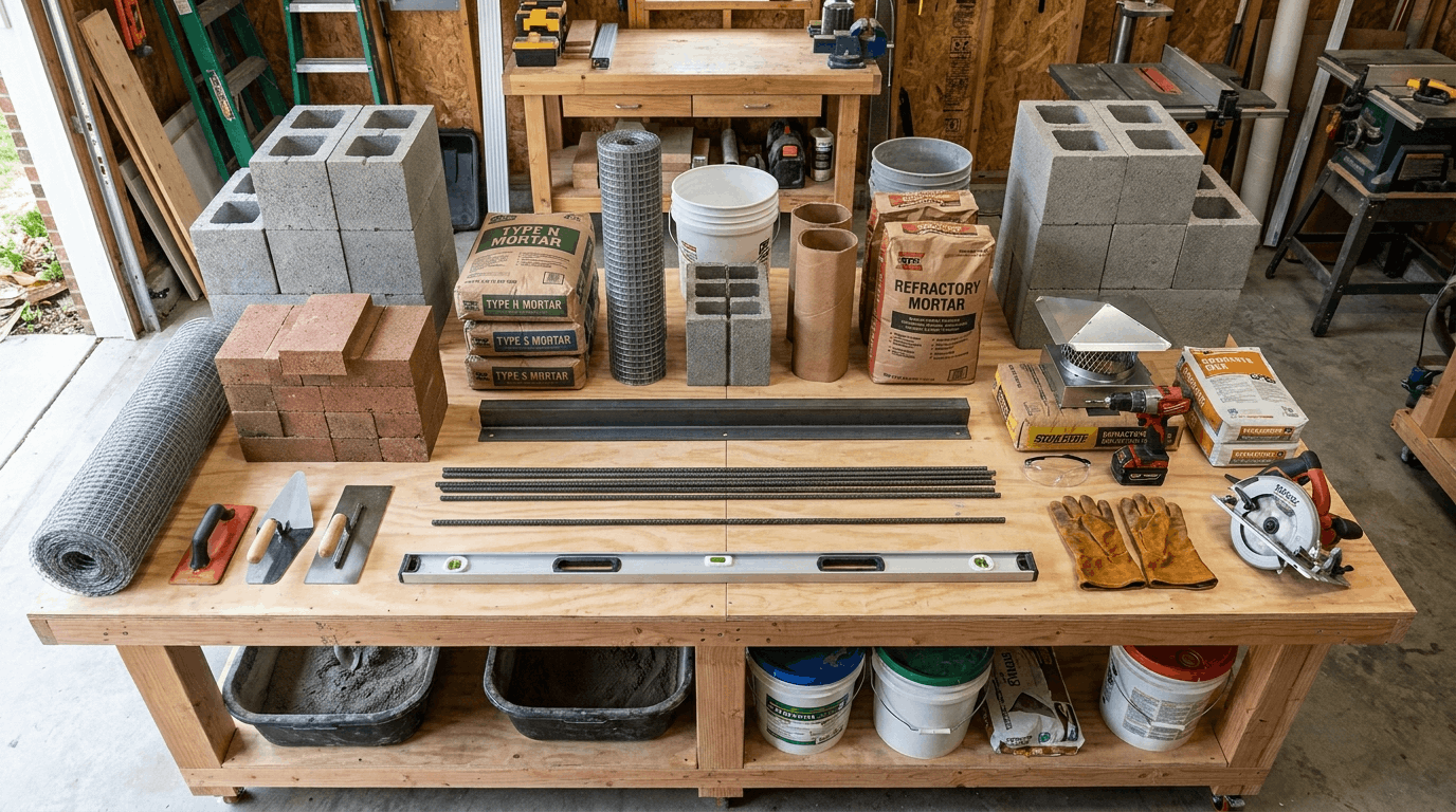 DIY outdoor fireplace materials including cinder blocks, firebrick, mortar, tools, and construction supplies.