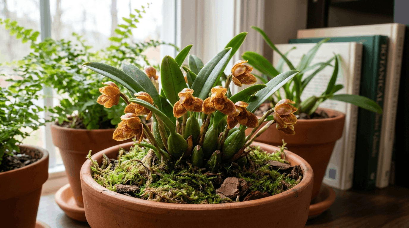 Maxillaria orchid with small colorful flowers and compact foliage growing in specialist orchid collection.