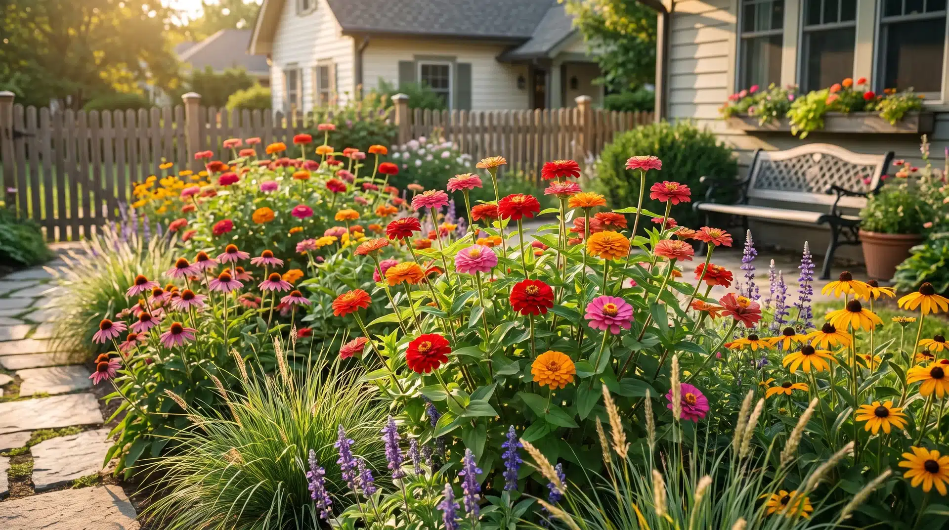 Medium-height zinnias blooming in a garden bed showing how tall do zinnias grow in mixed borders.