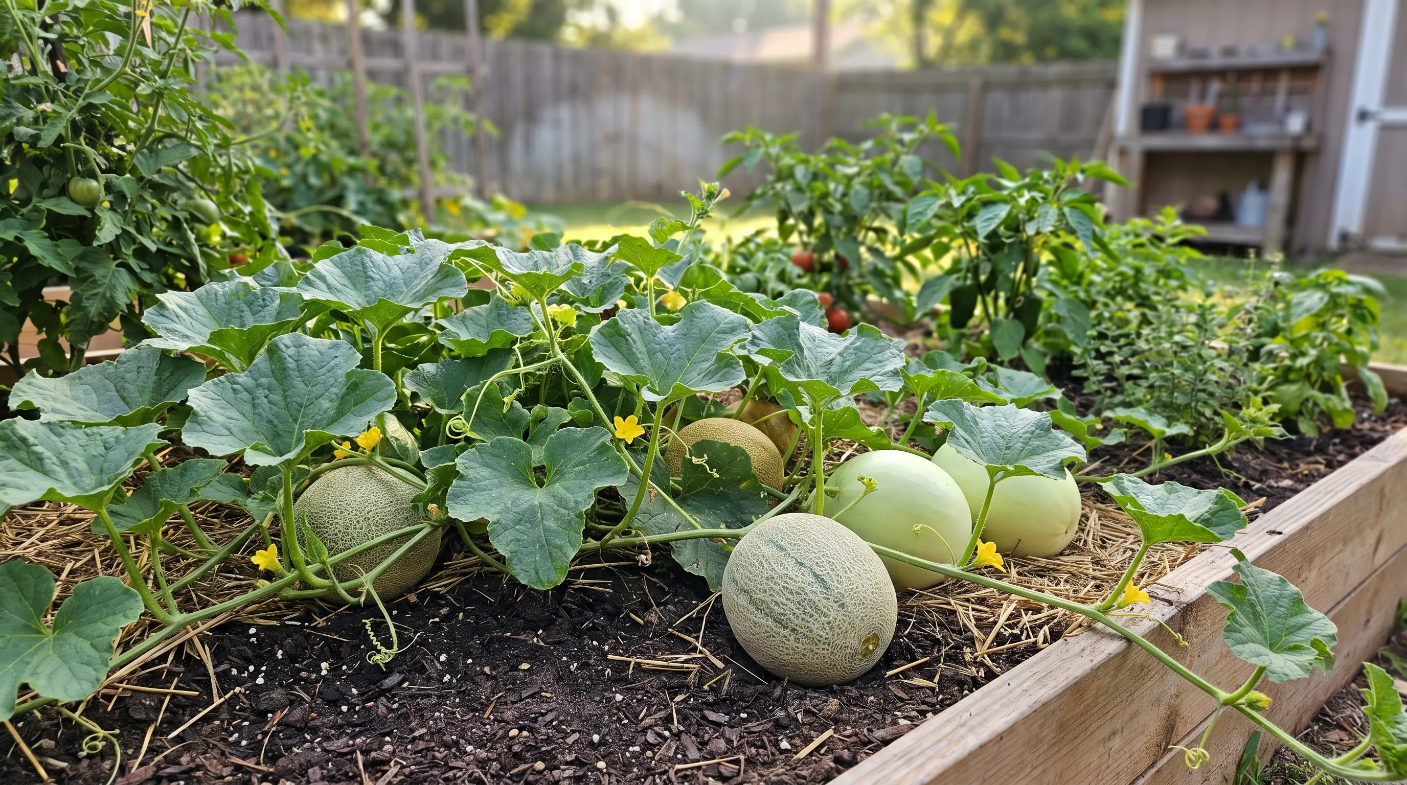 Melon vines with leaves and ripe fruits growing in a backyard vegetable garden
